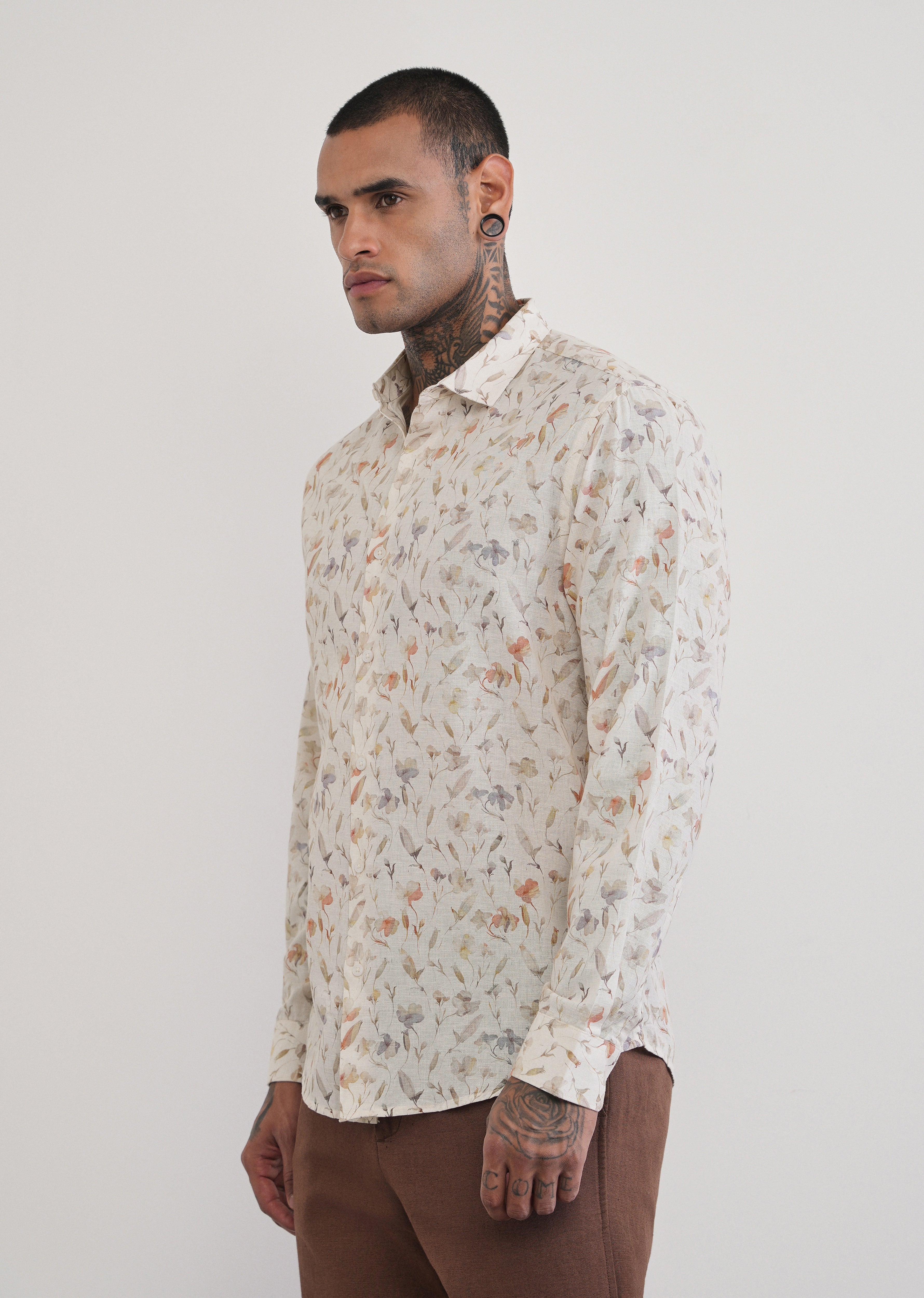 Ivory Botanical Print Cotton Linen Shirt