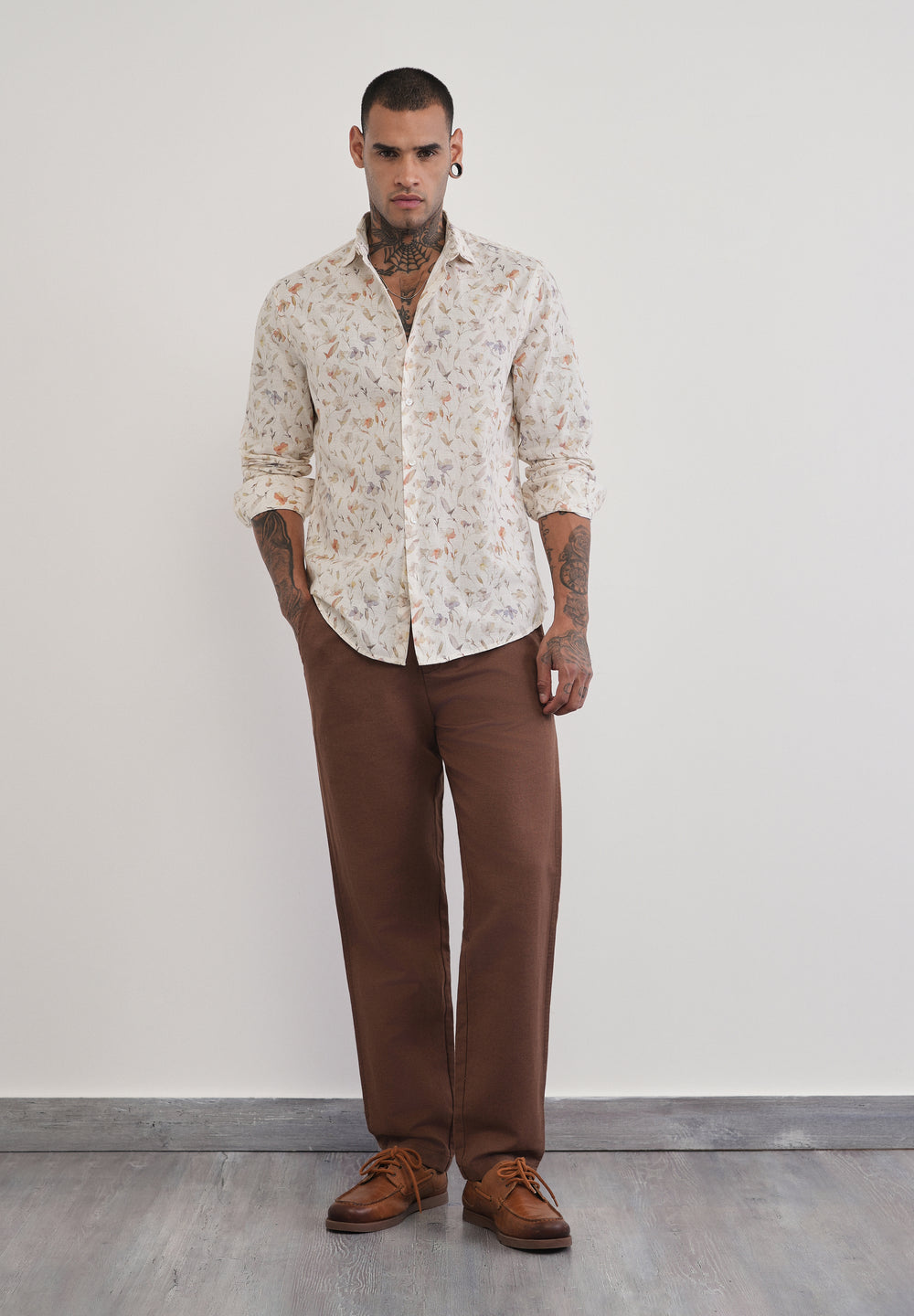 Ivory Botanical Print Cotton Linen Shirt