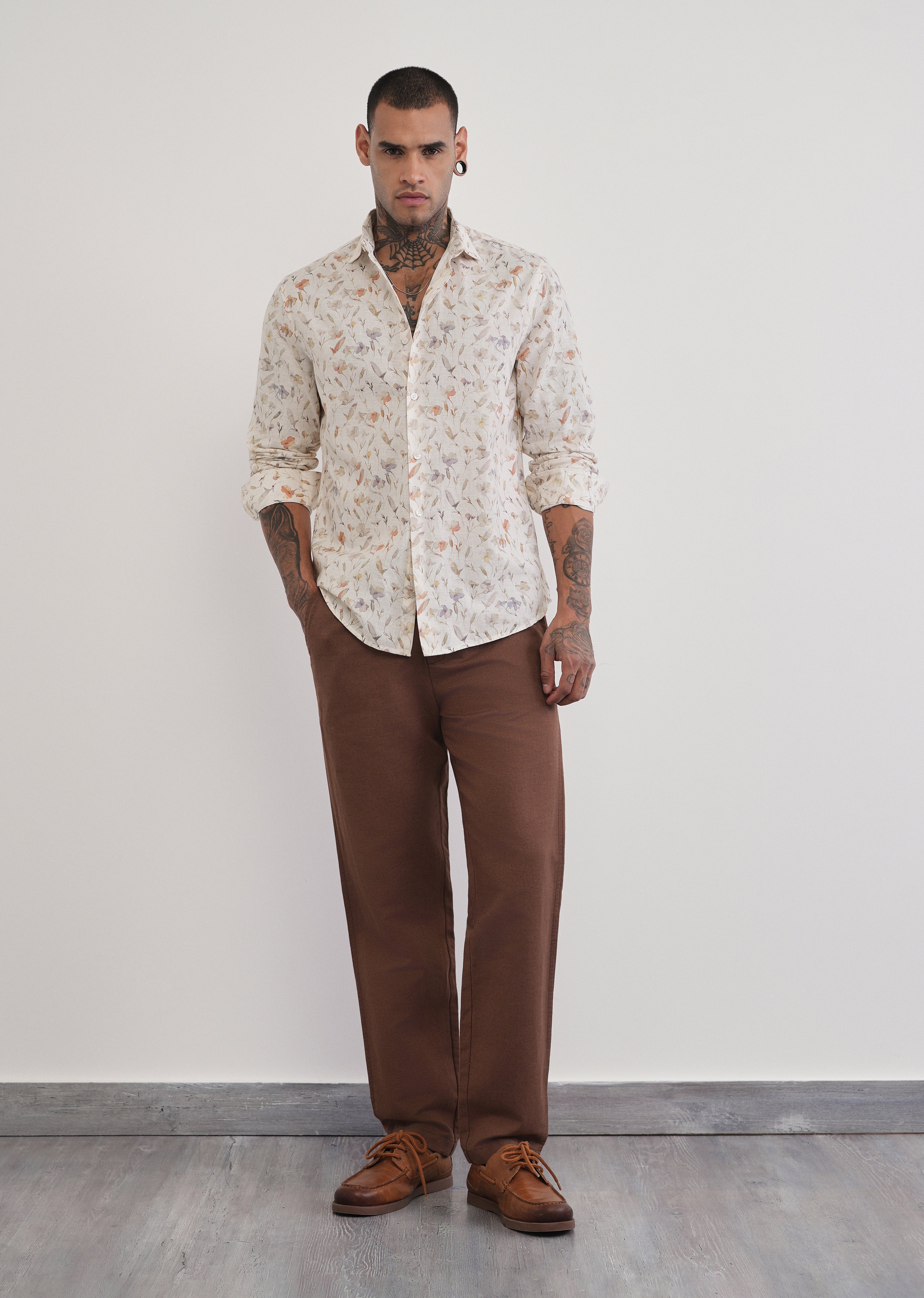 Ivory Botanical Print Cotton Linen Shirt