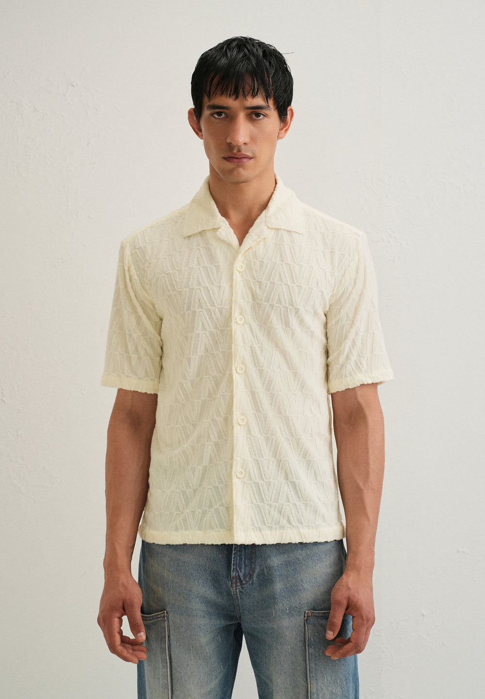 Ivory Cream Jacquard Knitted Shirt