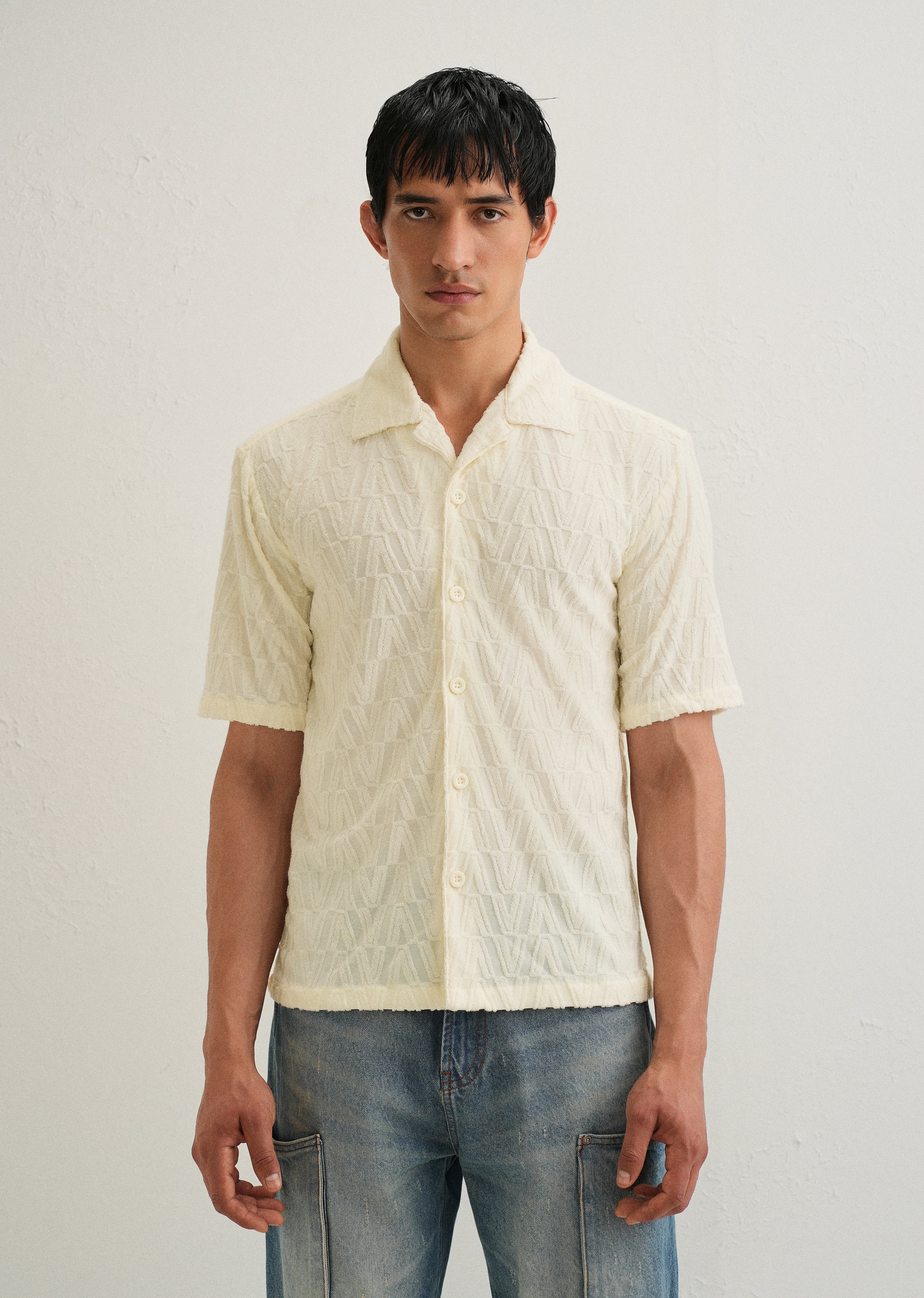 Ivory Cream Jacquard Knitted Shirt