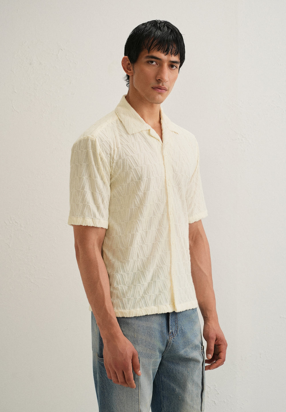 Ivory Cream Jacquard Knitted Shirt