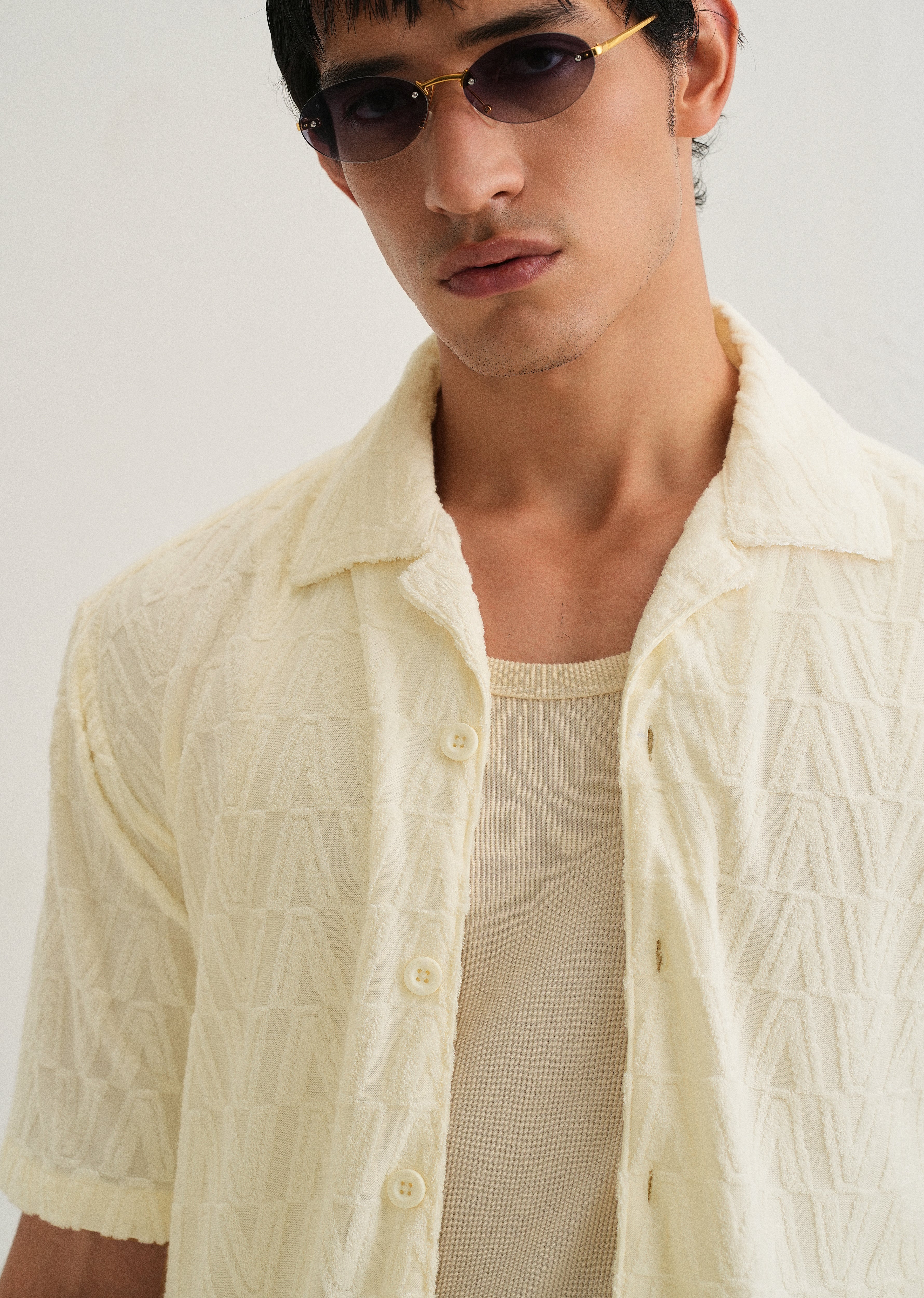 Ivory Cream Jacquard Knitted Shirt