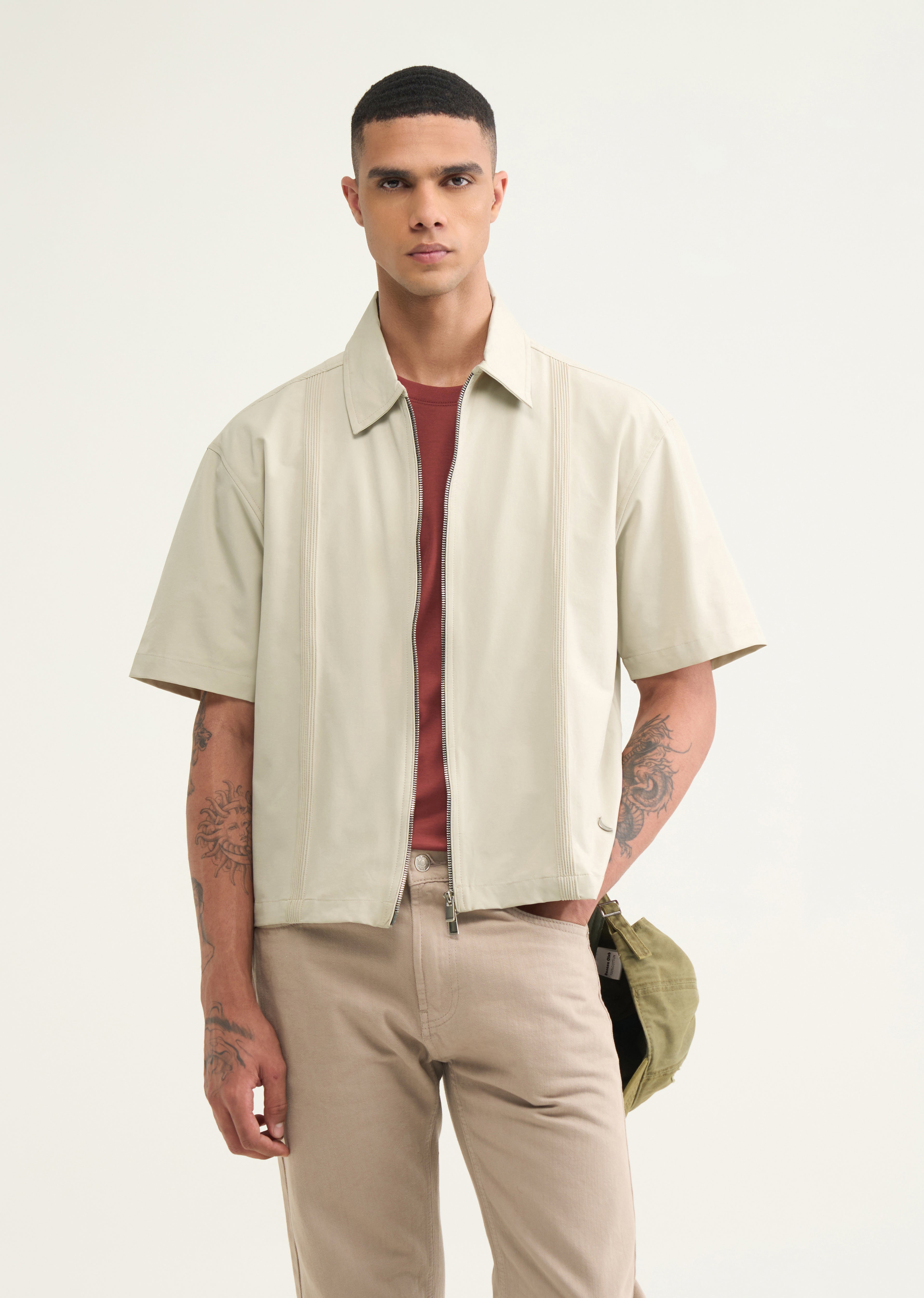 Ivory Boxy Fit Zipper Shirt