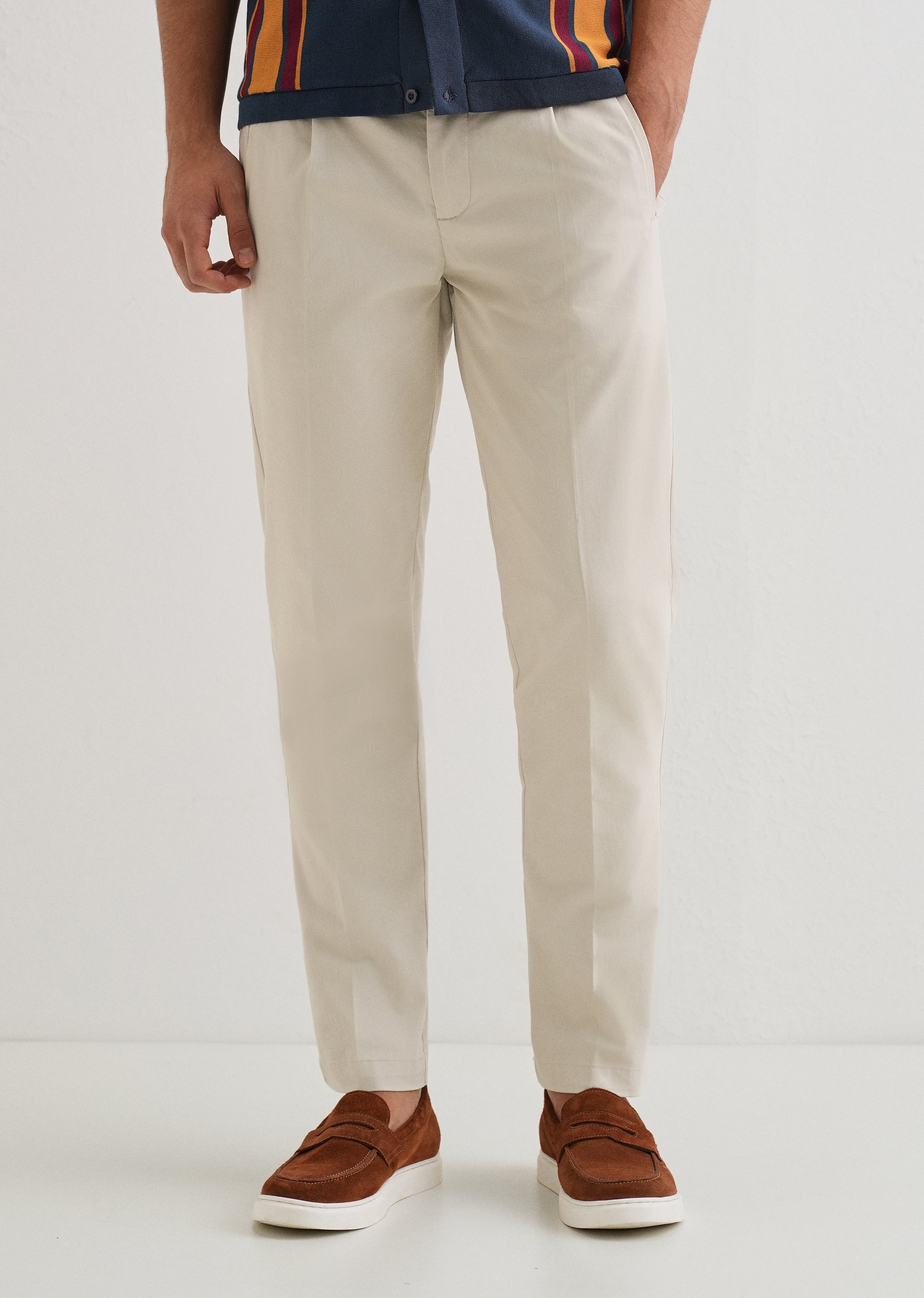 Ivory Plain Pleated Chinos