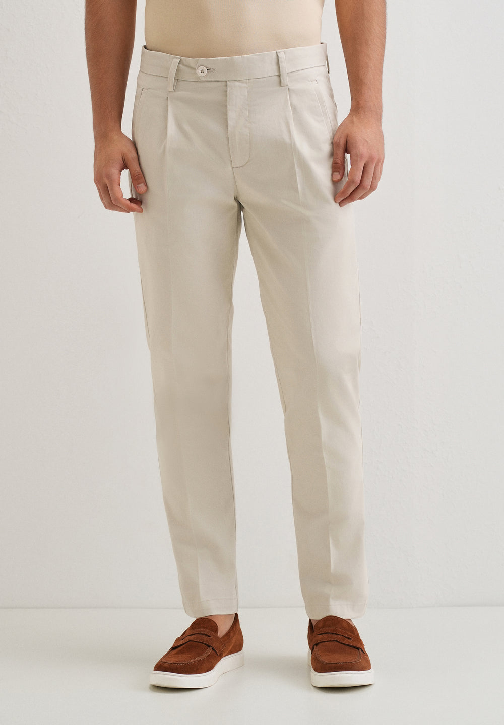 Ivory Plain Pleated Chinos