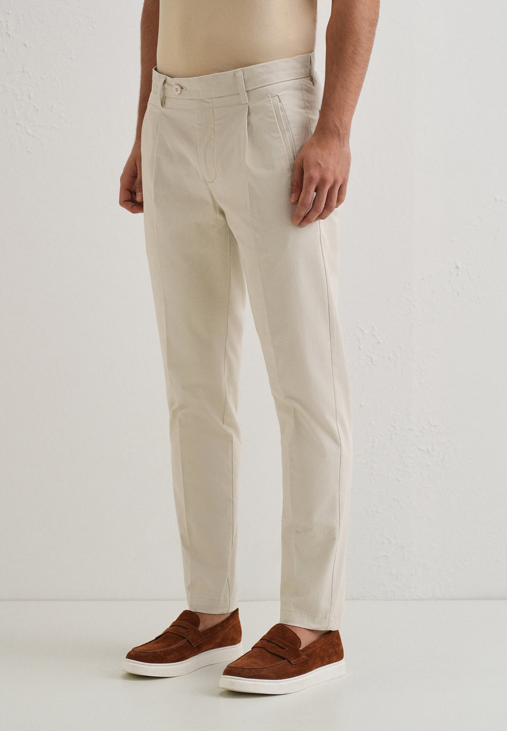 Ivory Plain Pleated Chinos