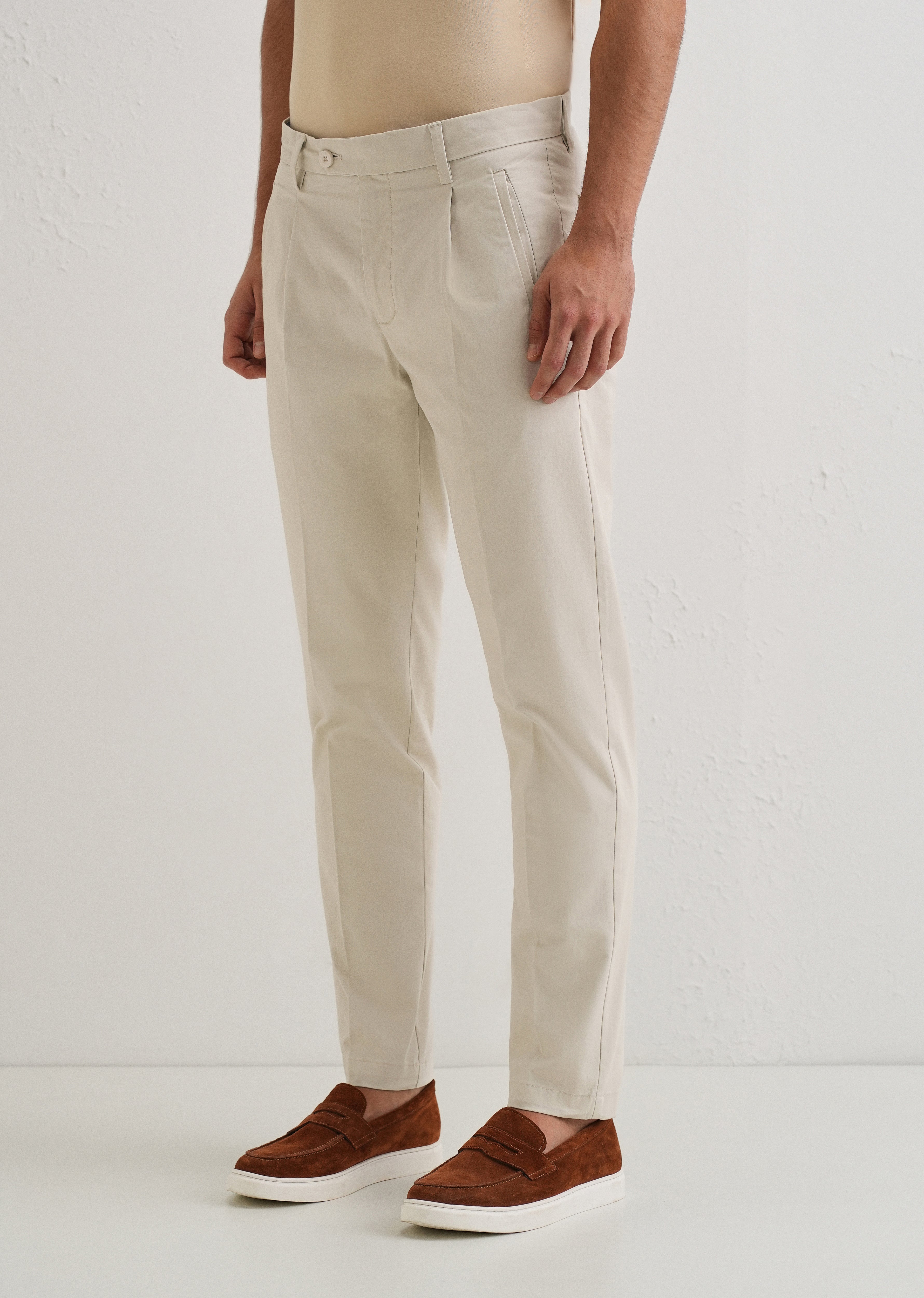 Ivory Plain Pleated Chinos