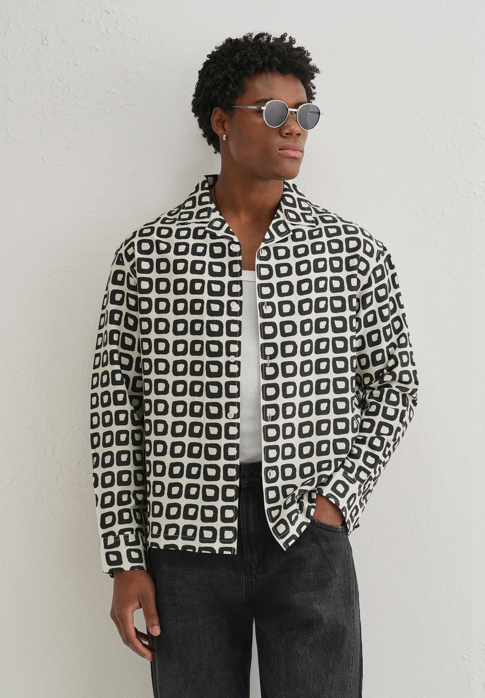 Ivory Retro Grid Printed Shirt
