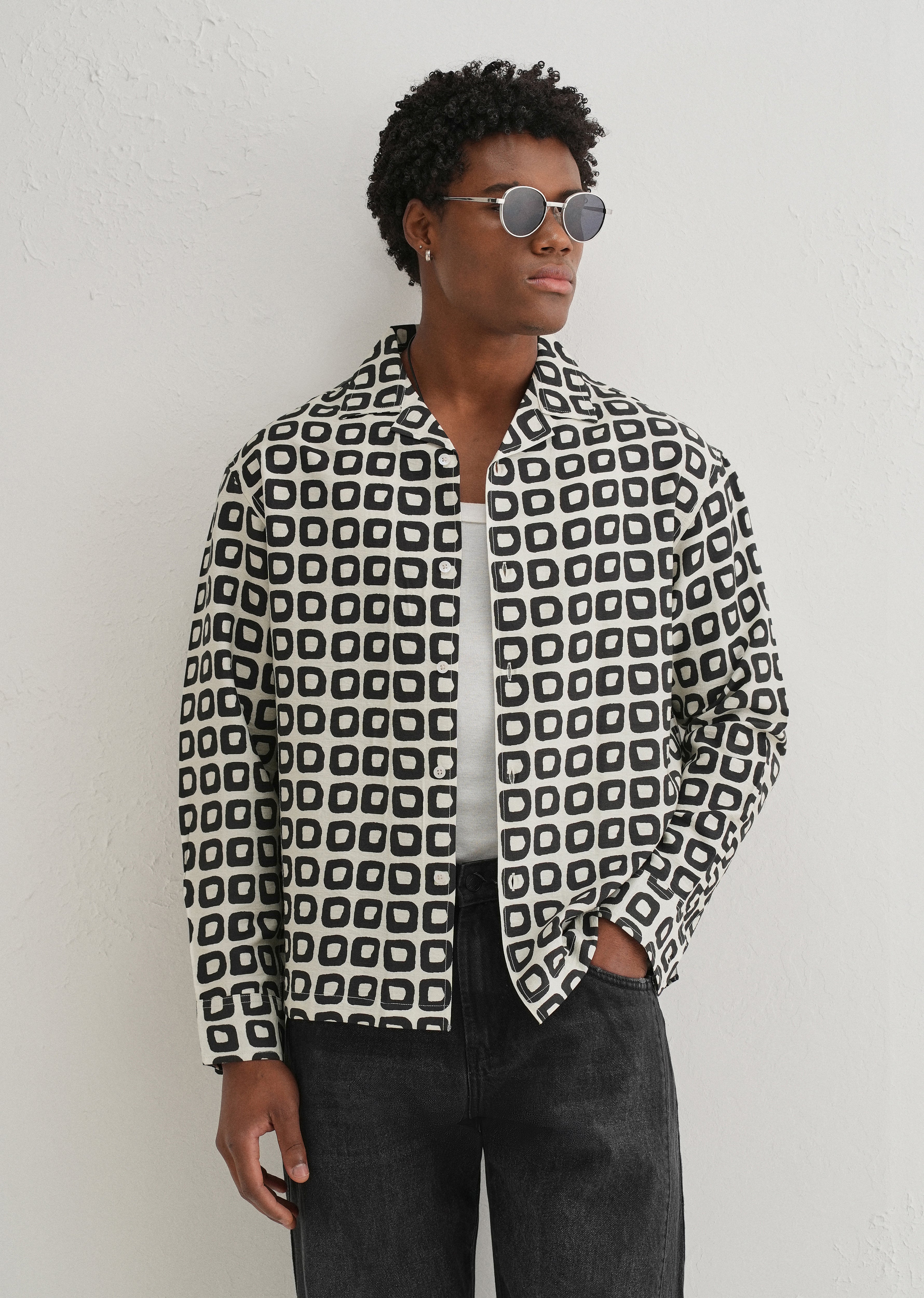 Ivory Retro Grid Printed Shirt