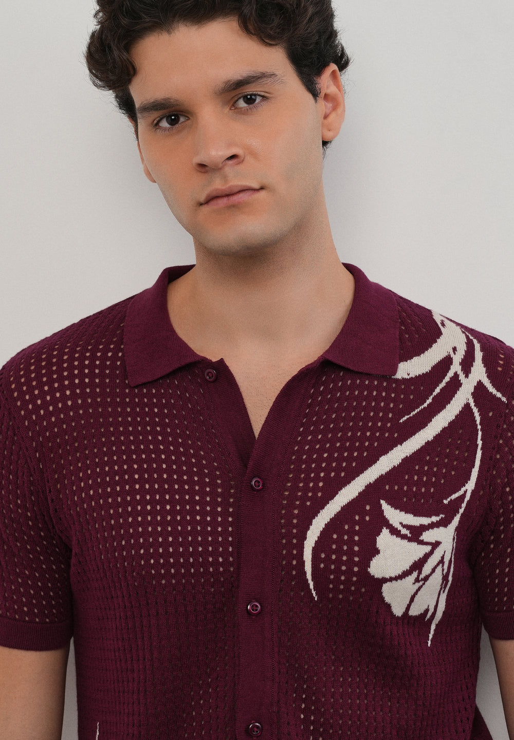 Burgundy Floral Open Knit Shirt