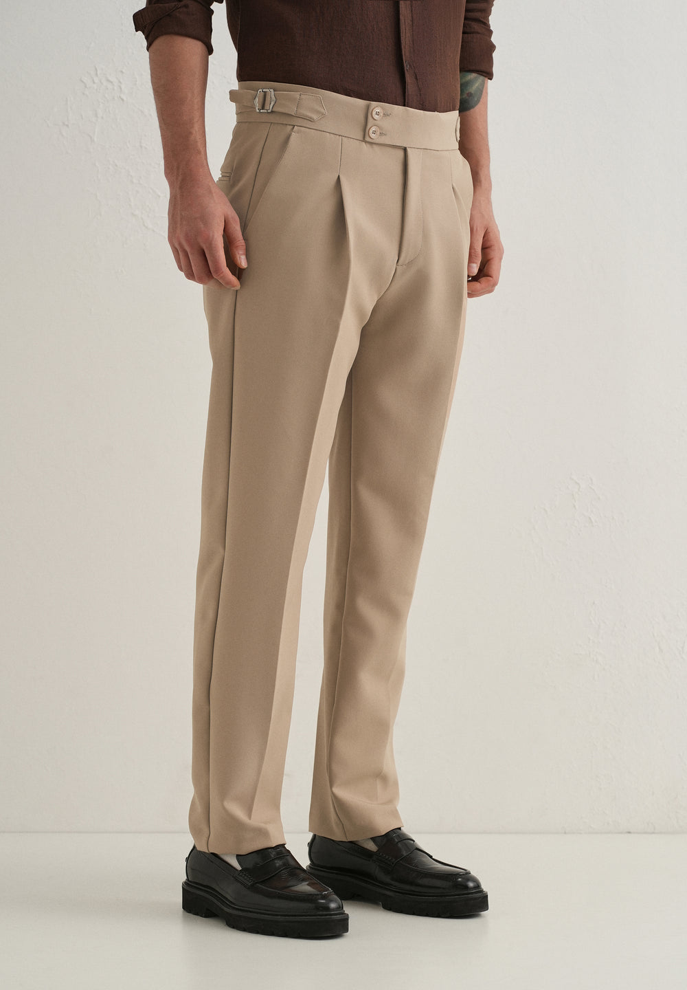 Khaki Beige Pleated Gurkha Pant