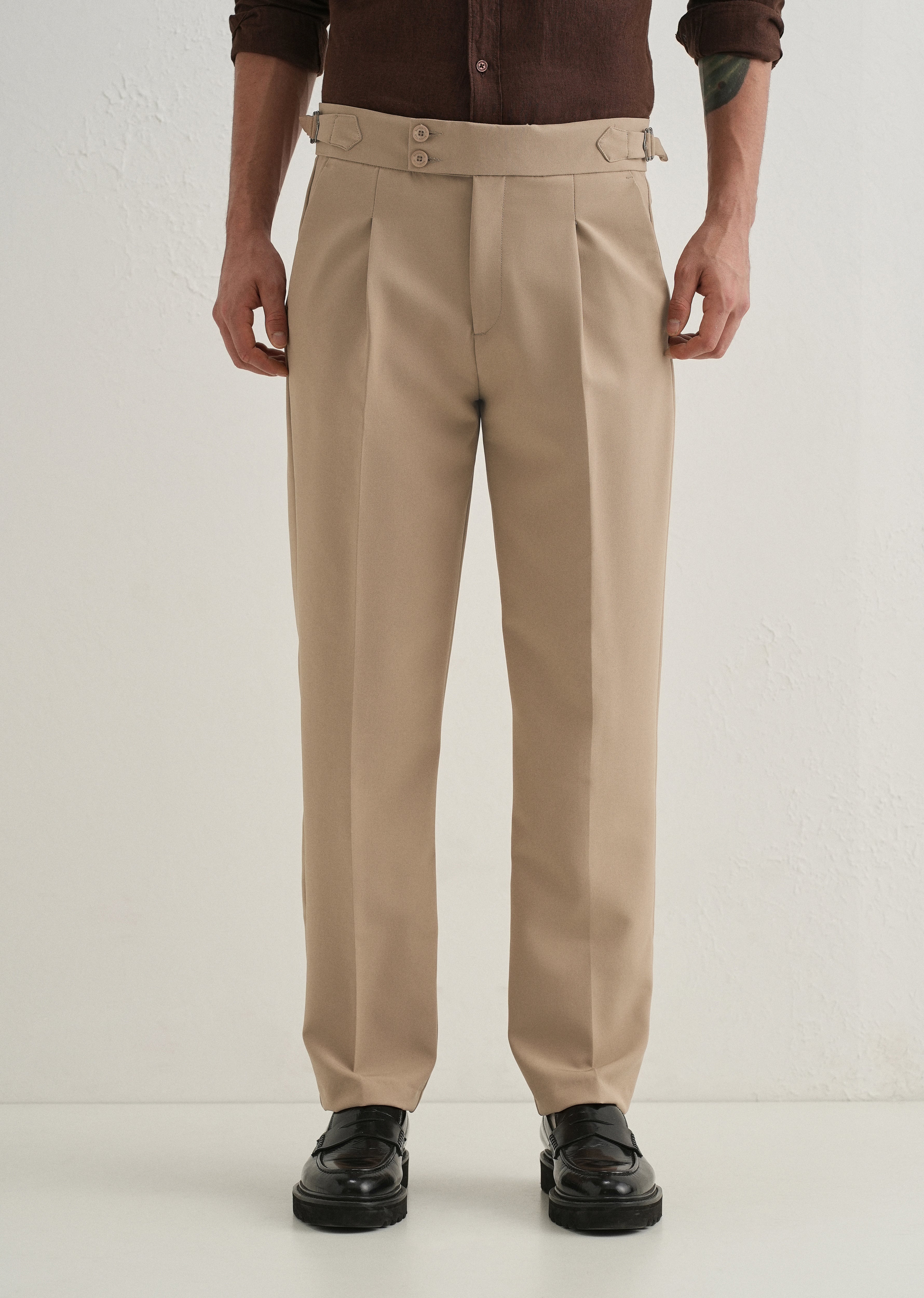 Khaki Beige Pleated Gurkha Pant