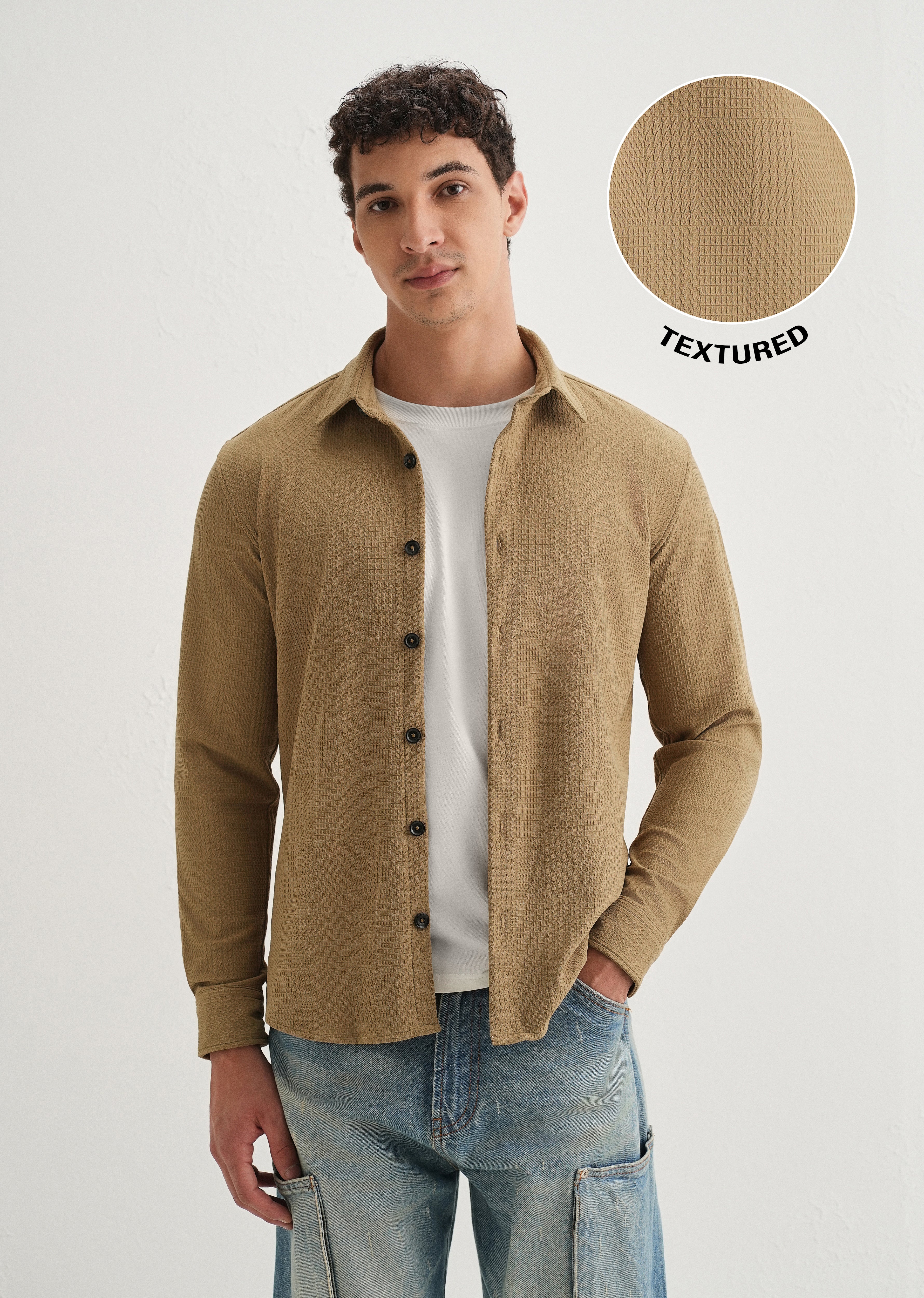 Khaki Grid Textured Knit Shirt