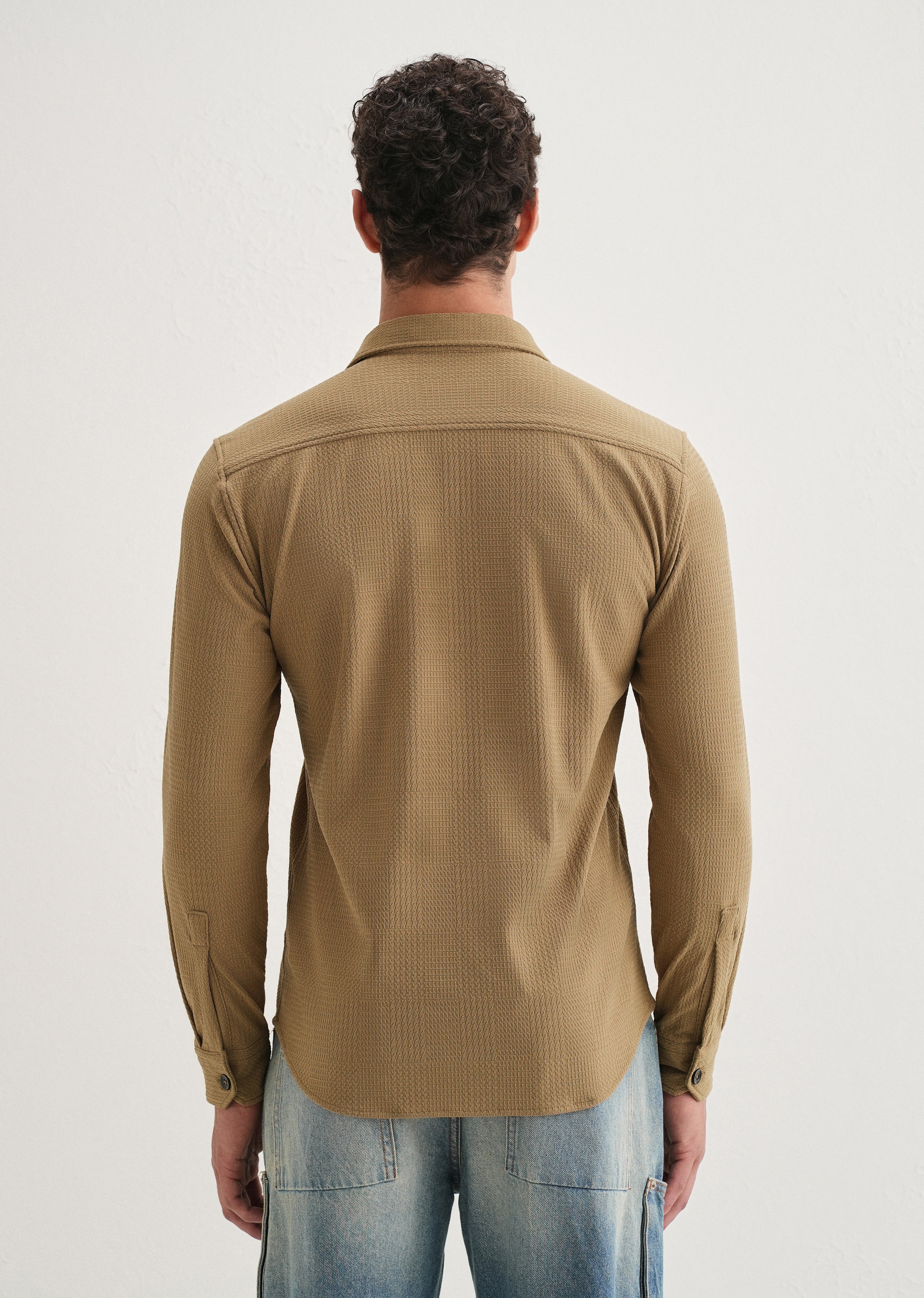 Khaki Grid Textured Knit Shirt