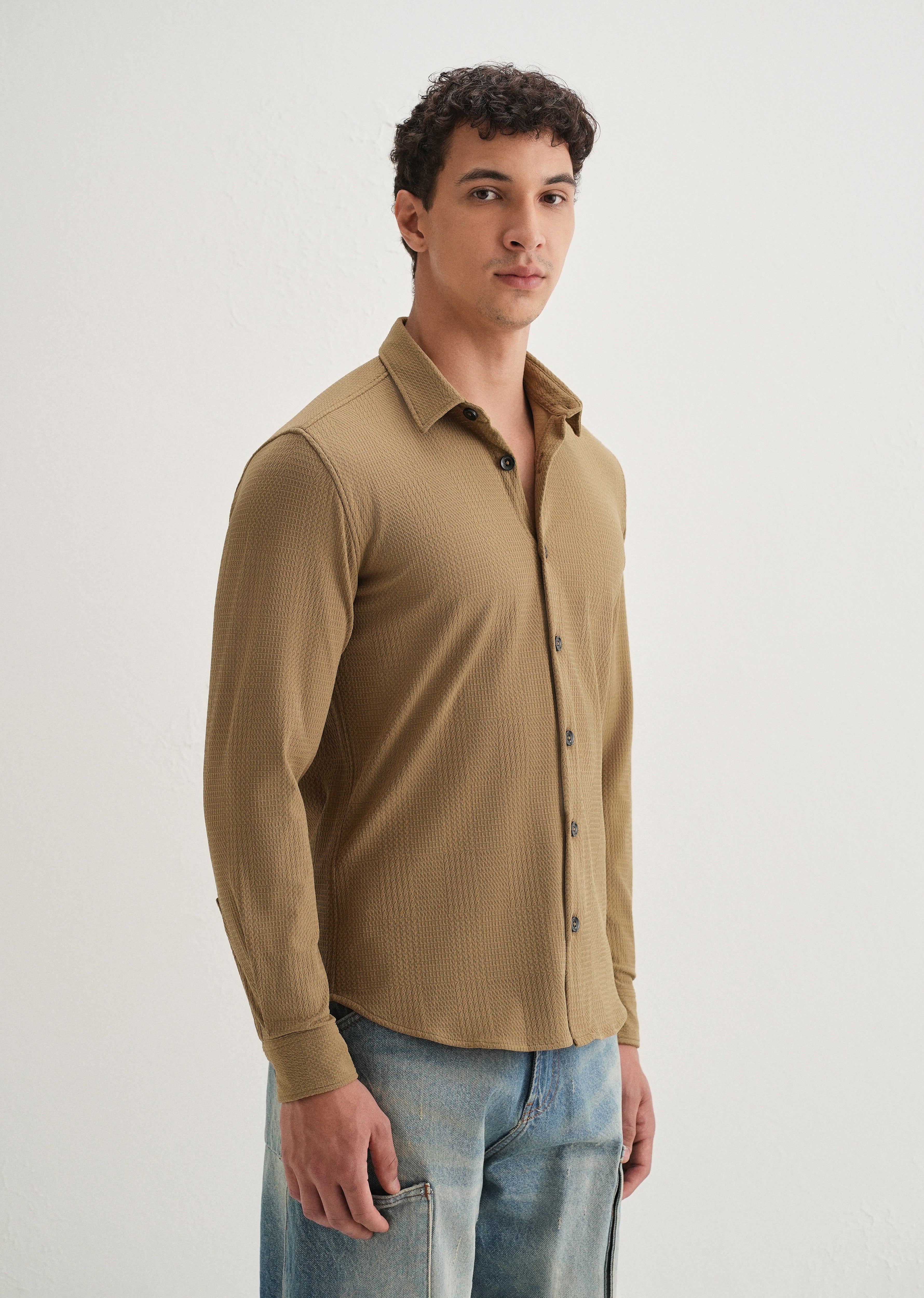 Khaki Grid Textured Knit Shirt