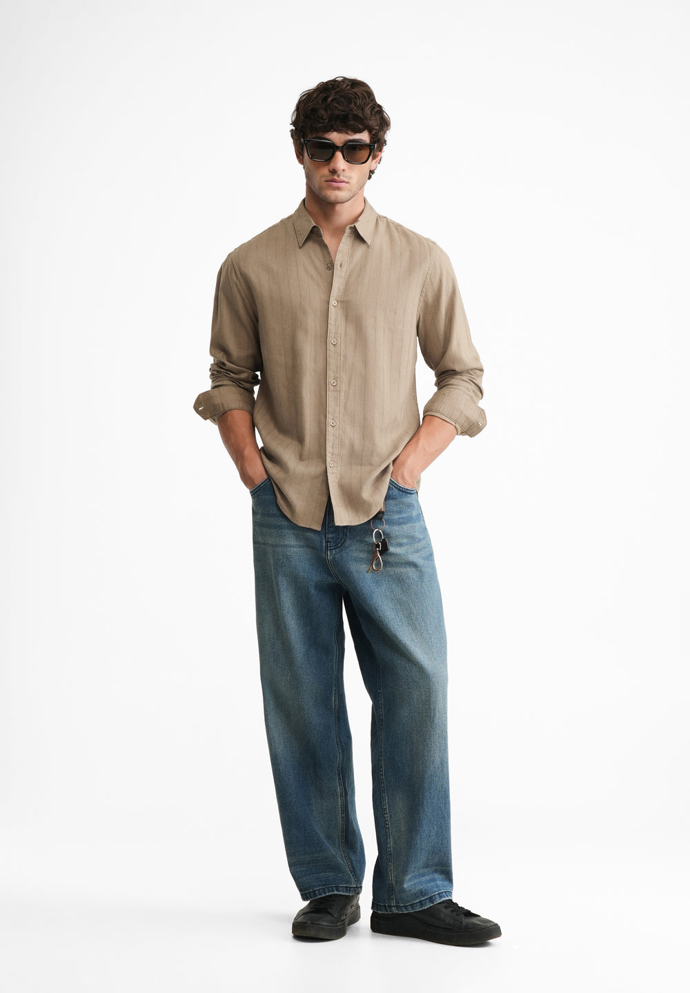 Khaki Lyocell Cotton Self-Stripe Shirt