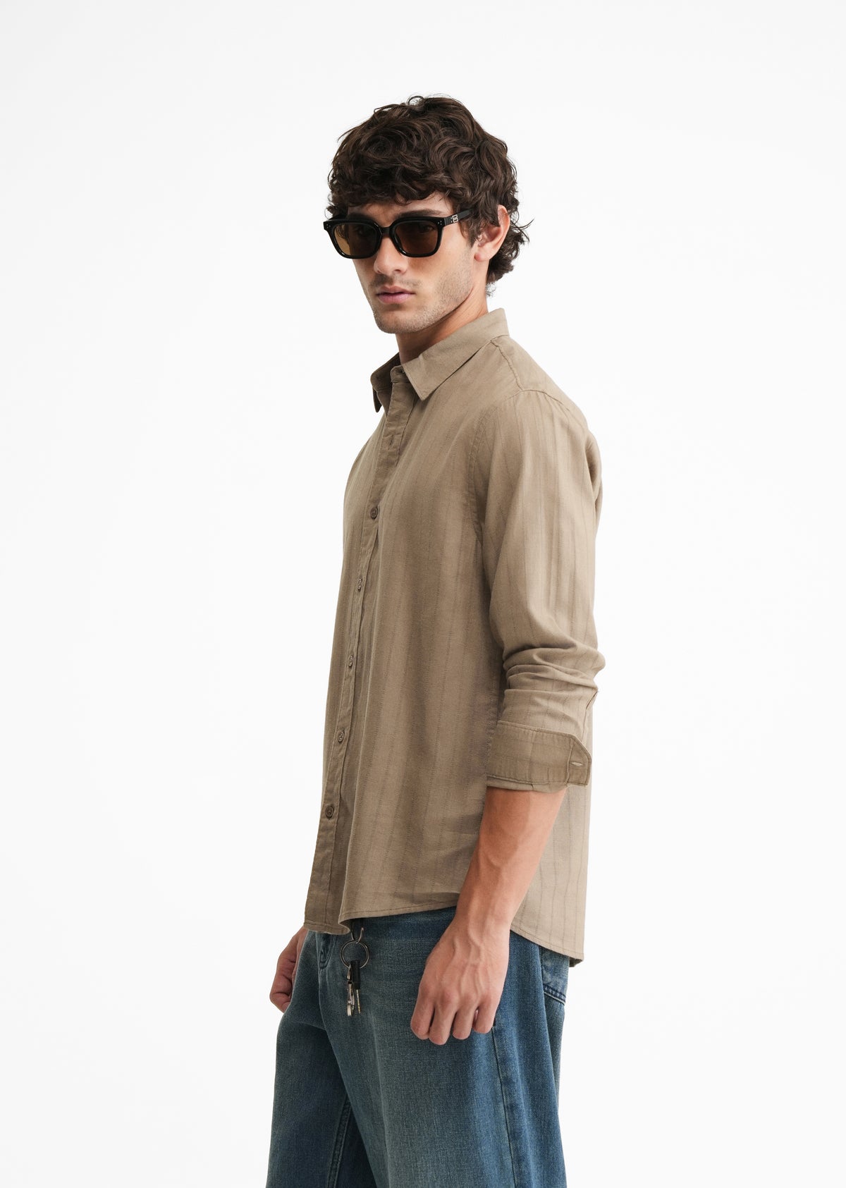 Khaki Lyocell Cotton Self-Stripe Shirt