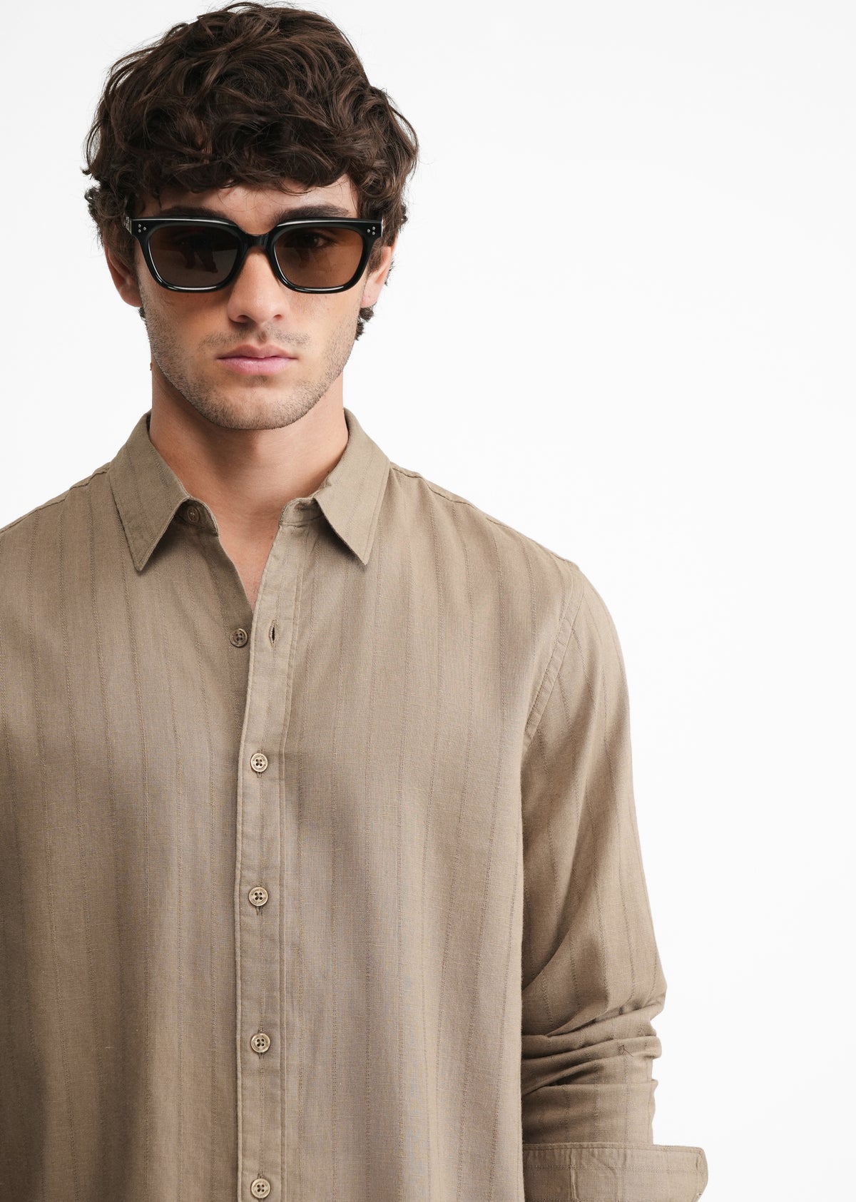 Khaki Lyocell Cotton Self-Stripe Shirt