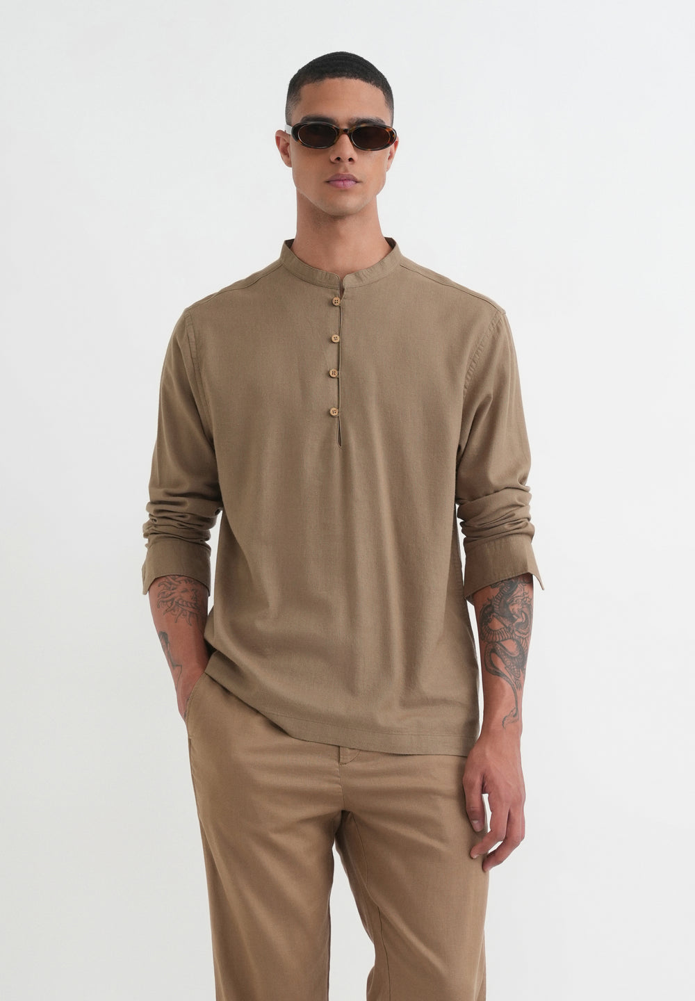 Khaki Mandarin Collar Kurta Shirt