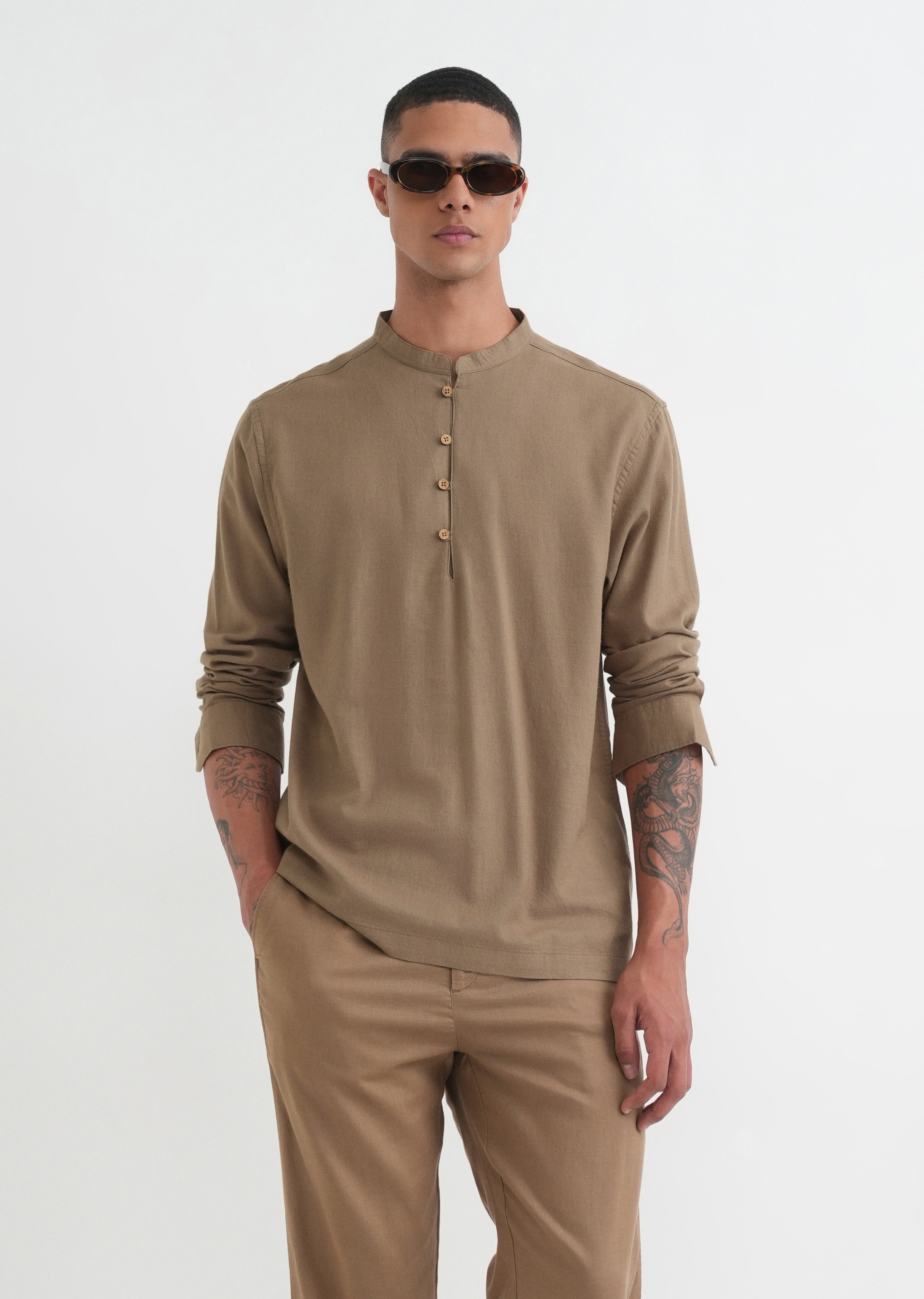 Khaki Mandarin Collar Kurta Shirt