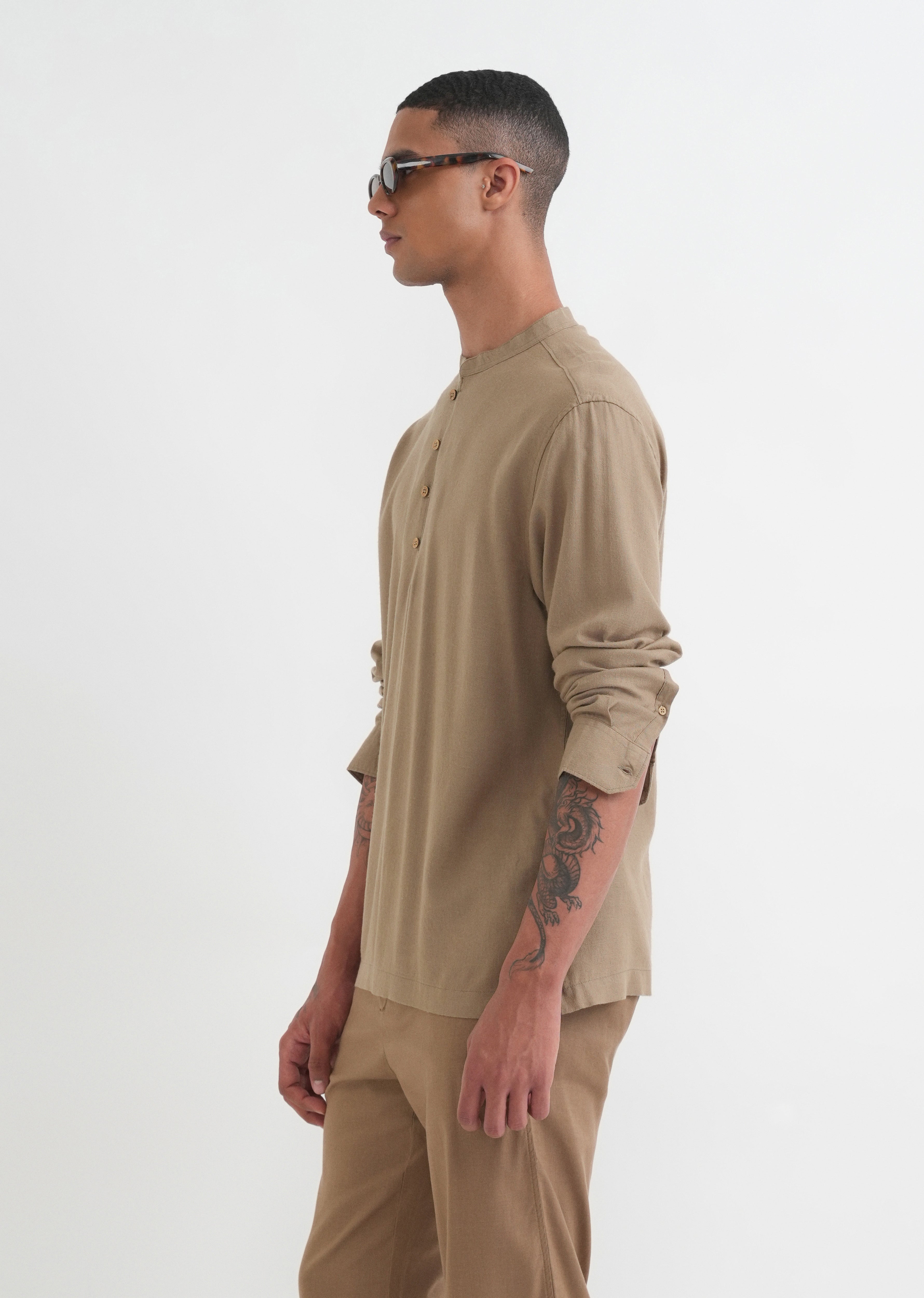 Khaki Mandarin Collar Kurta Shirt
