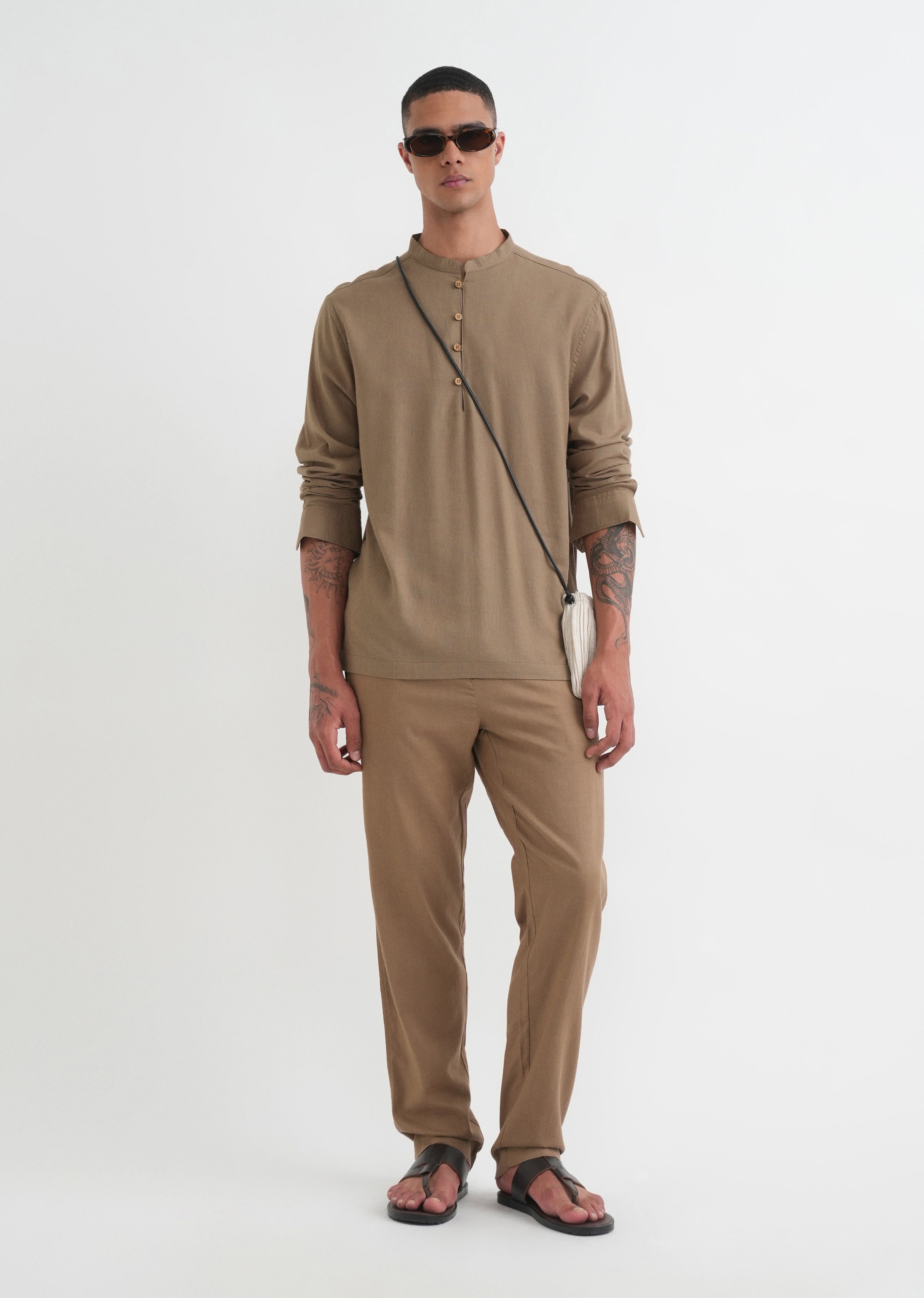 Khaki Mandarin Collar Kurta Shirt
