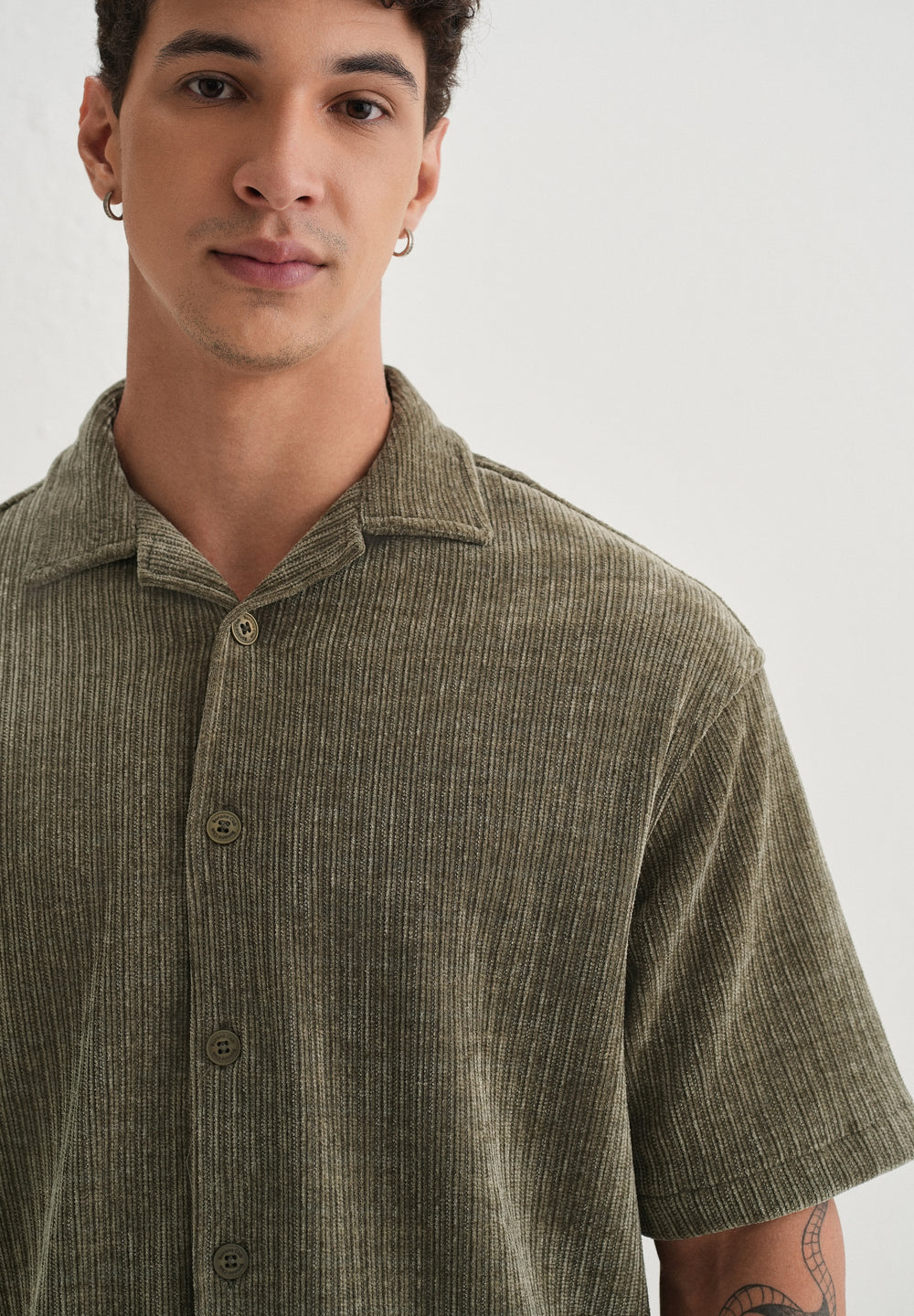 Khaki Olive Suede Knit Half Sleeve Shirt