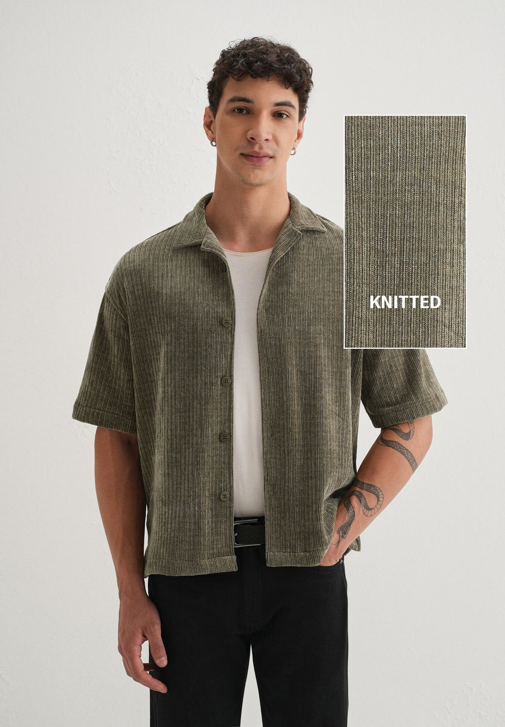 Khaki Olive Suede Knit Half Sleeve Shirt