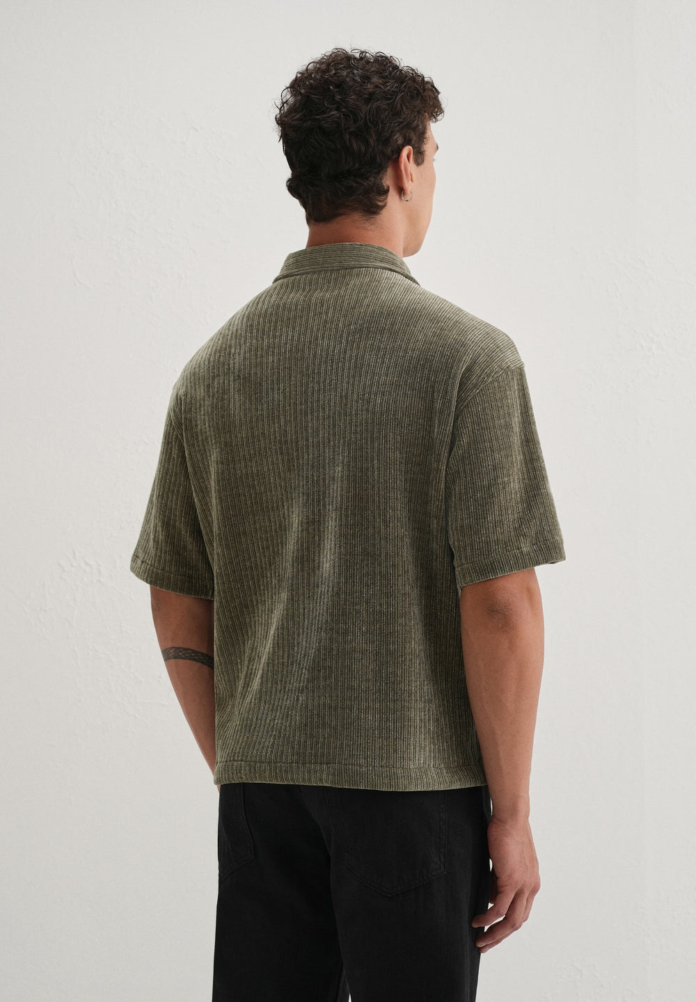 Khaki Olive Suede Knit Half Sleeve Shirt