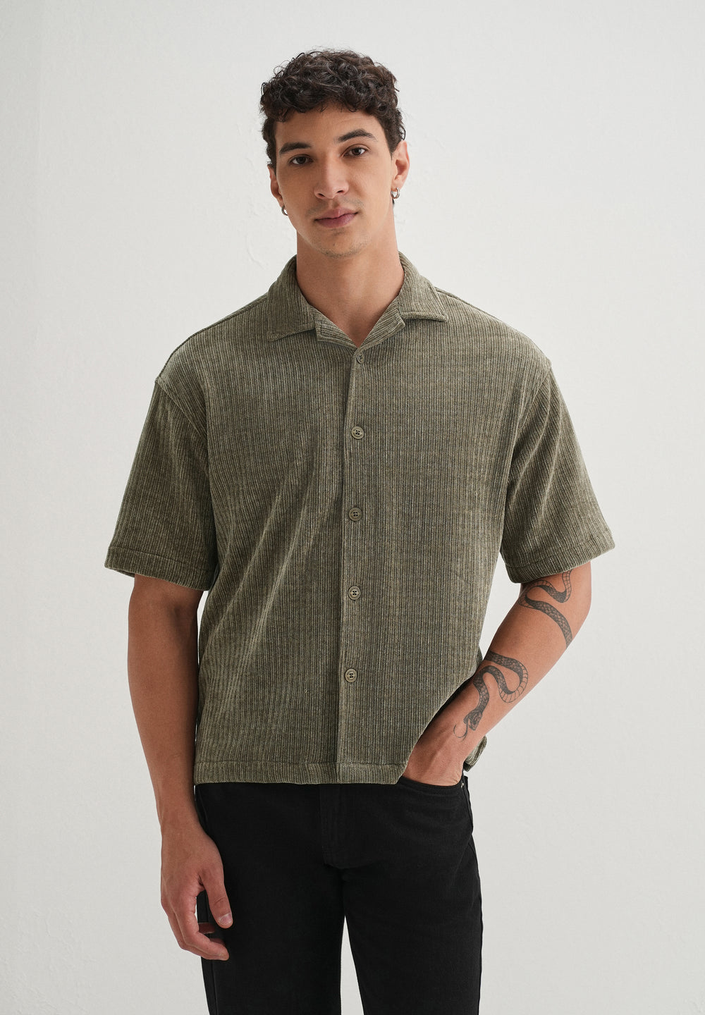 Khaki Olive Suede Knit Half Sleeve Shirt