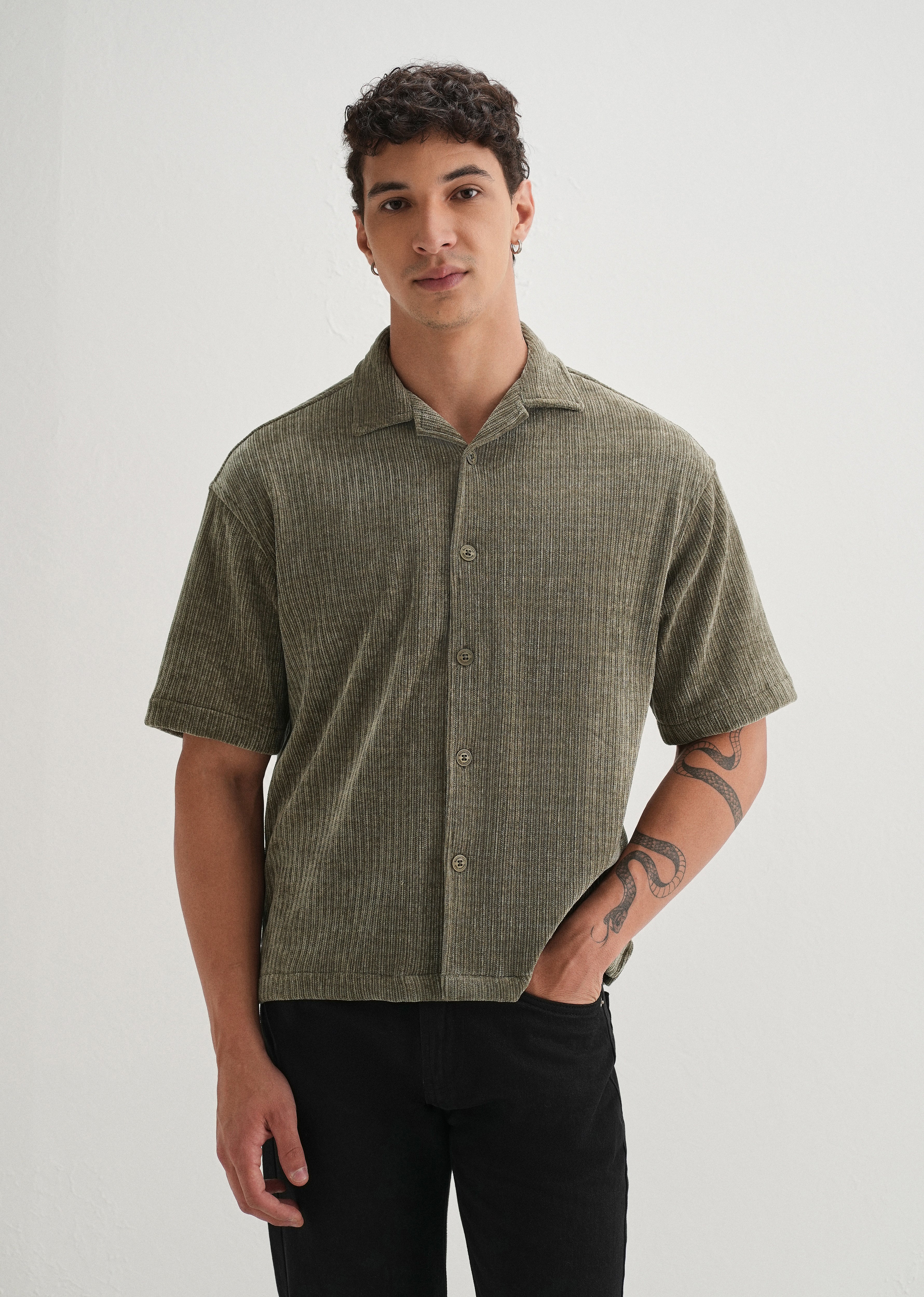 Khaki Olive Suede Knit Half Sleeve Shirt