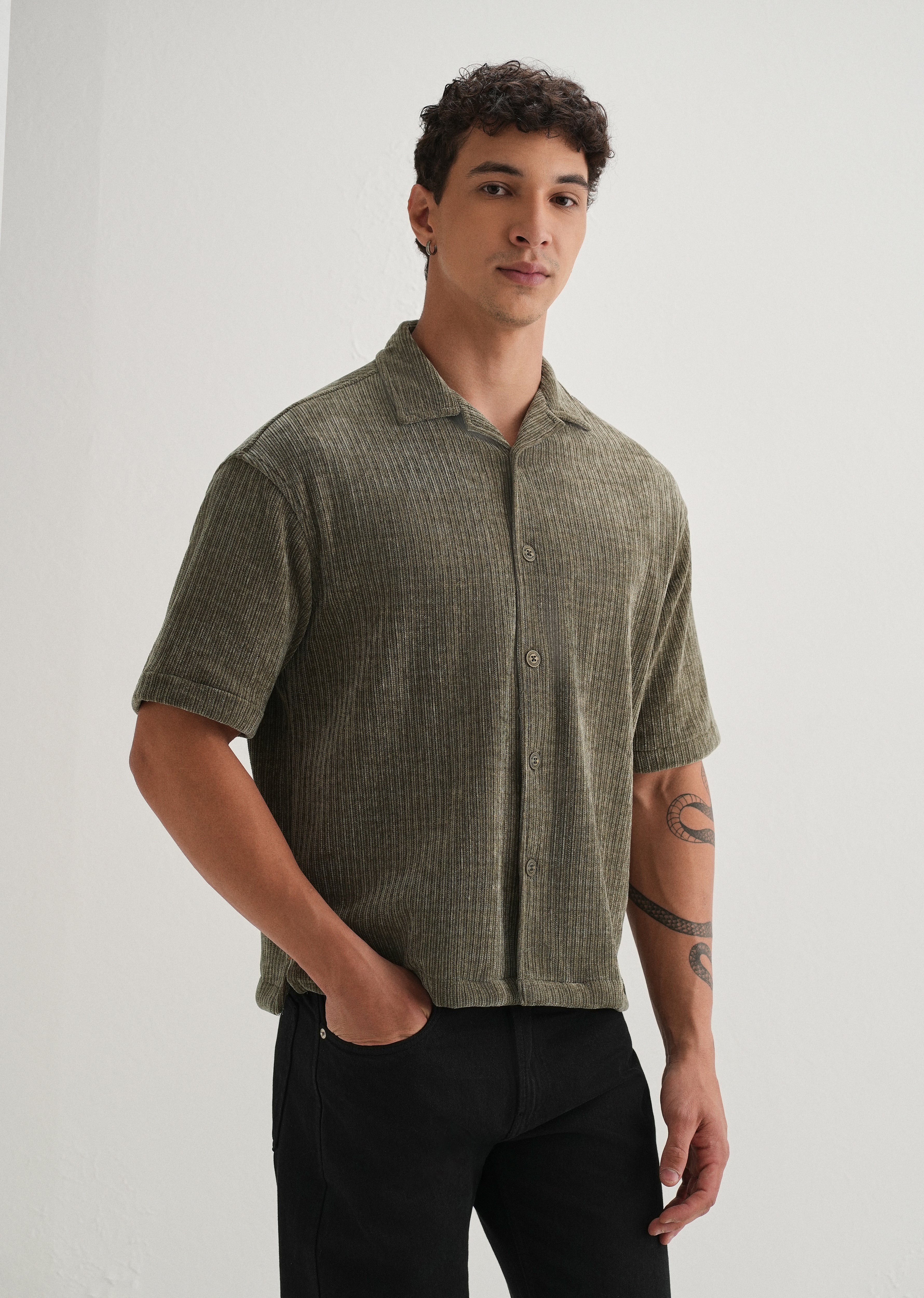Khaki Olive Suede Knit Half Sleeve Shirt