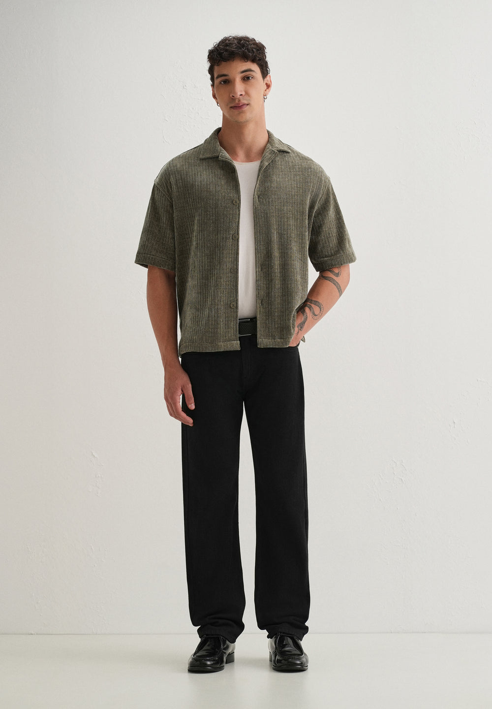 Khaki Olive Suede Knit Half Sleeve Shirt