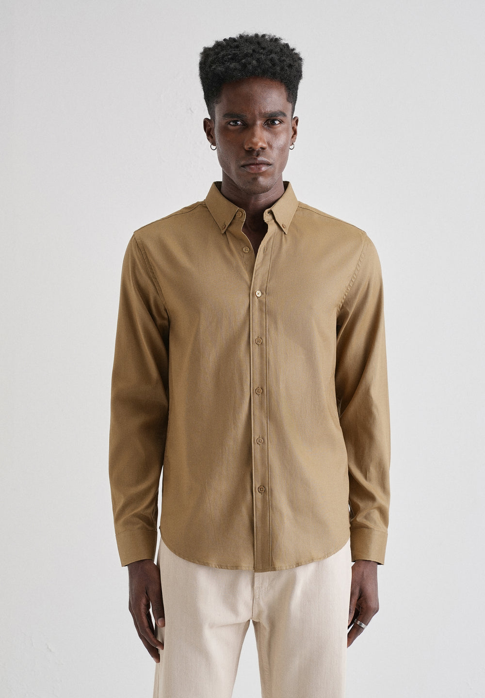 Khaki Plain Blended Cotton Regular Fit Shirt