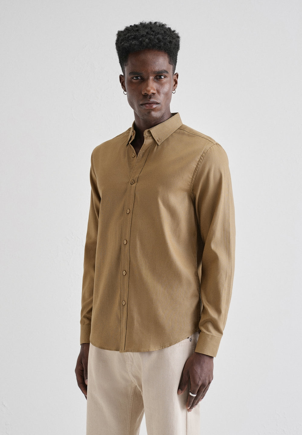 Khaki Plain Blended Cotton Regular Fit Shirt
