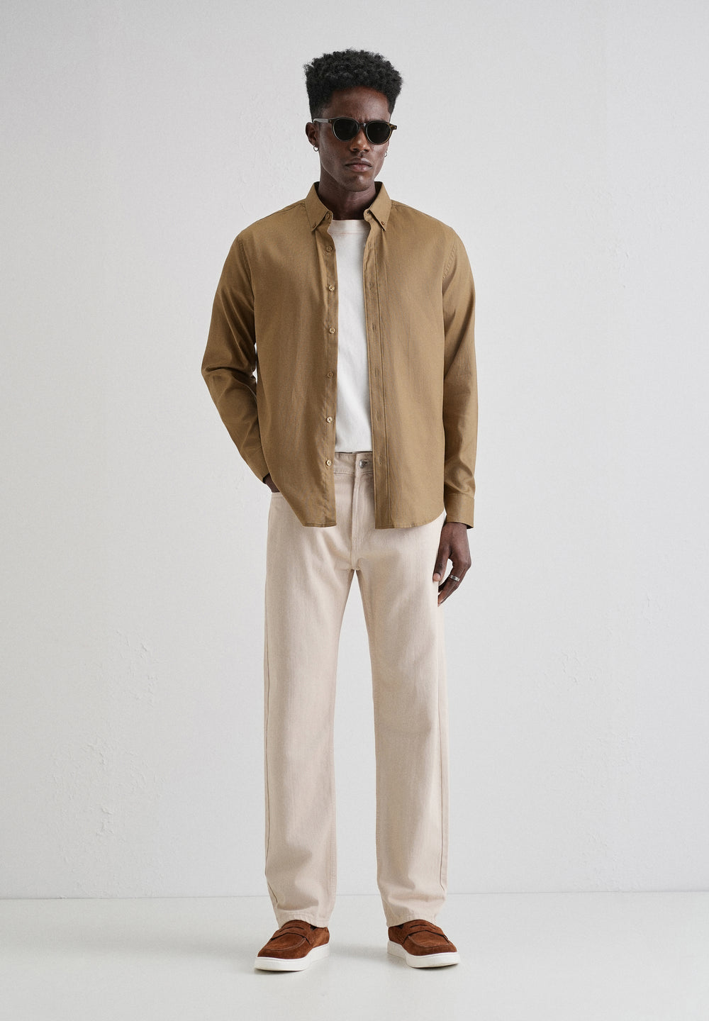 Khaki Plain Blended Cotton Regular Fit Shirt