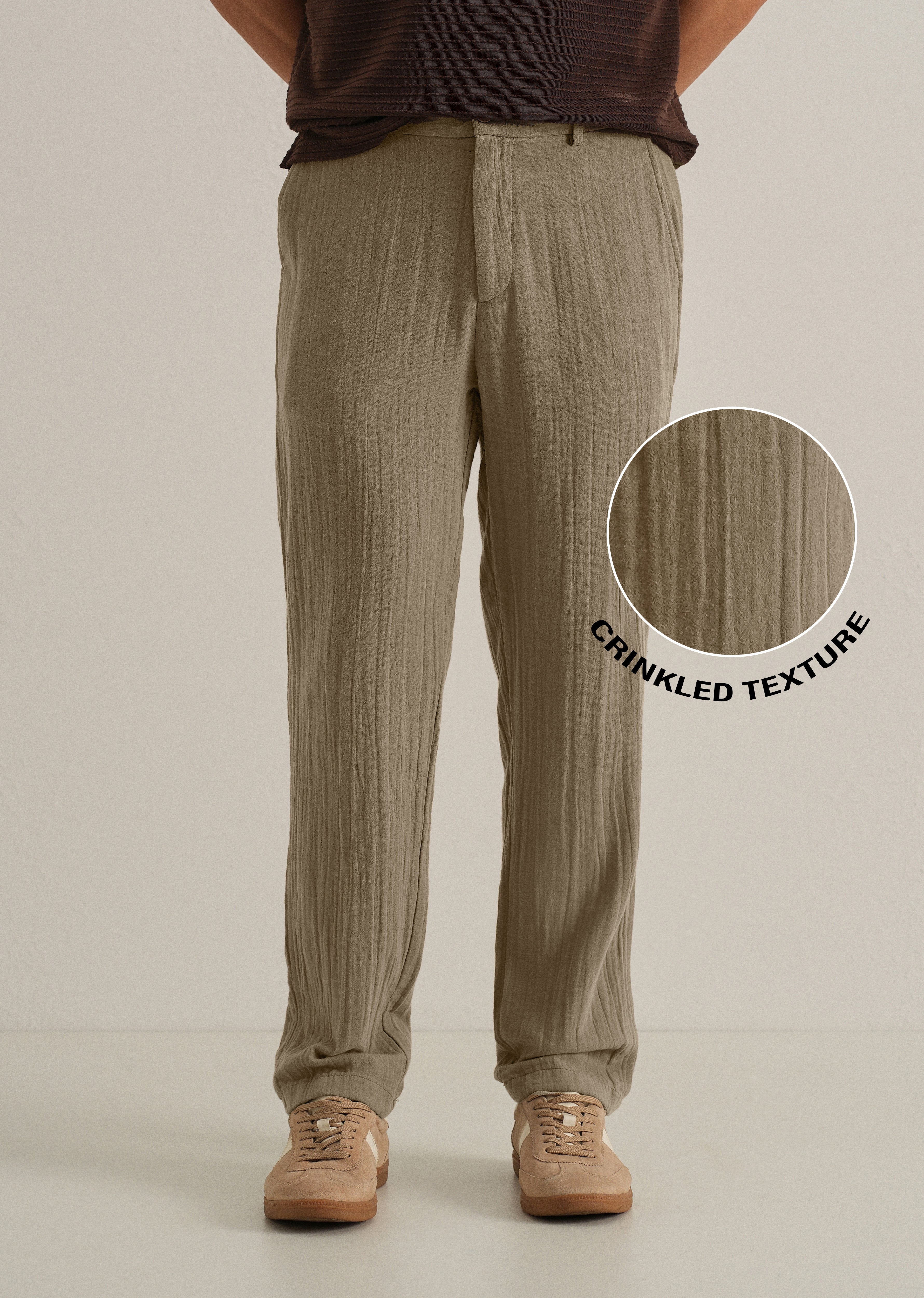 Khaki Crinkled Cotton Trouser