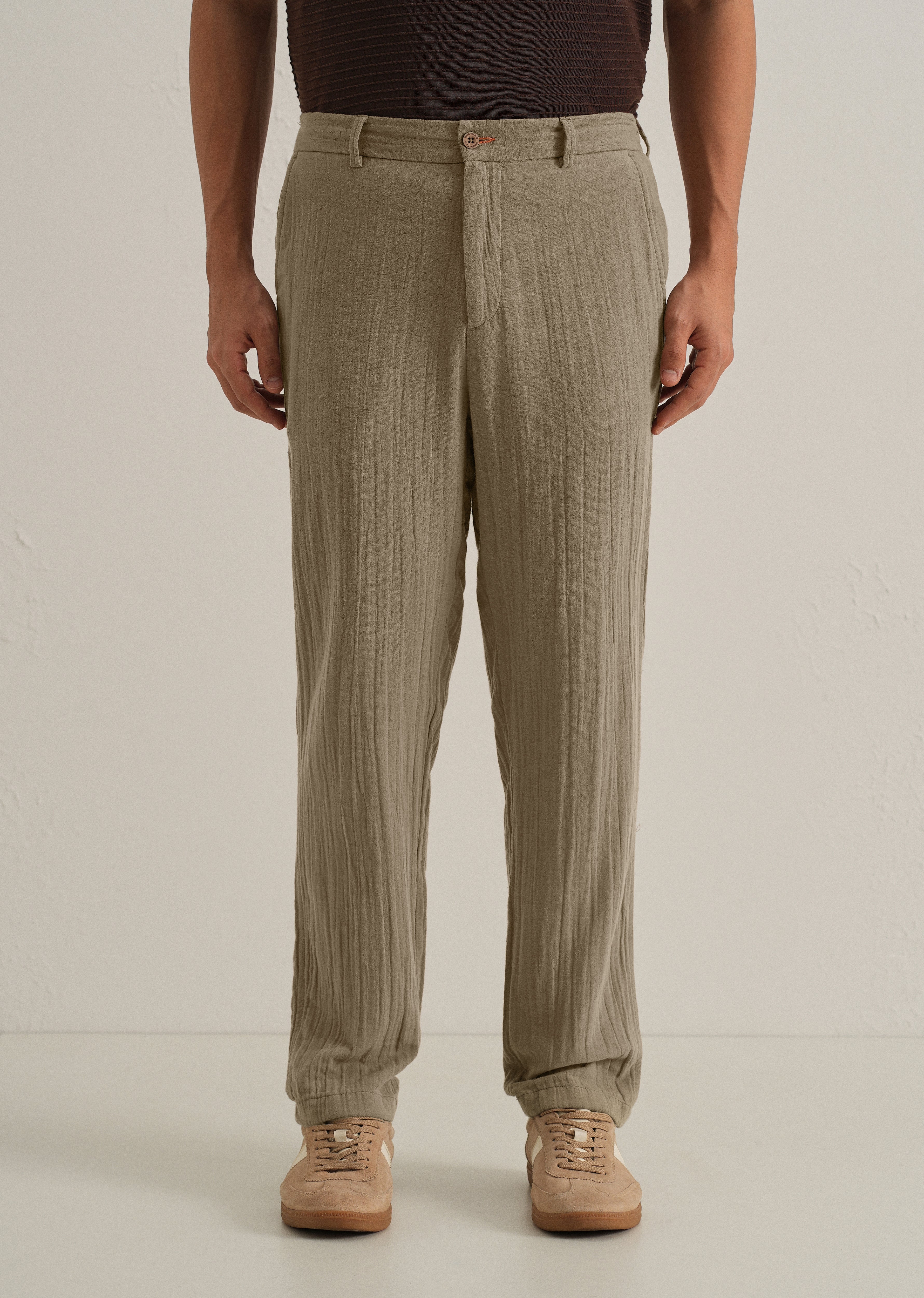 Khaki Crinkled Cotton Trouser