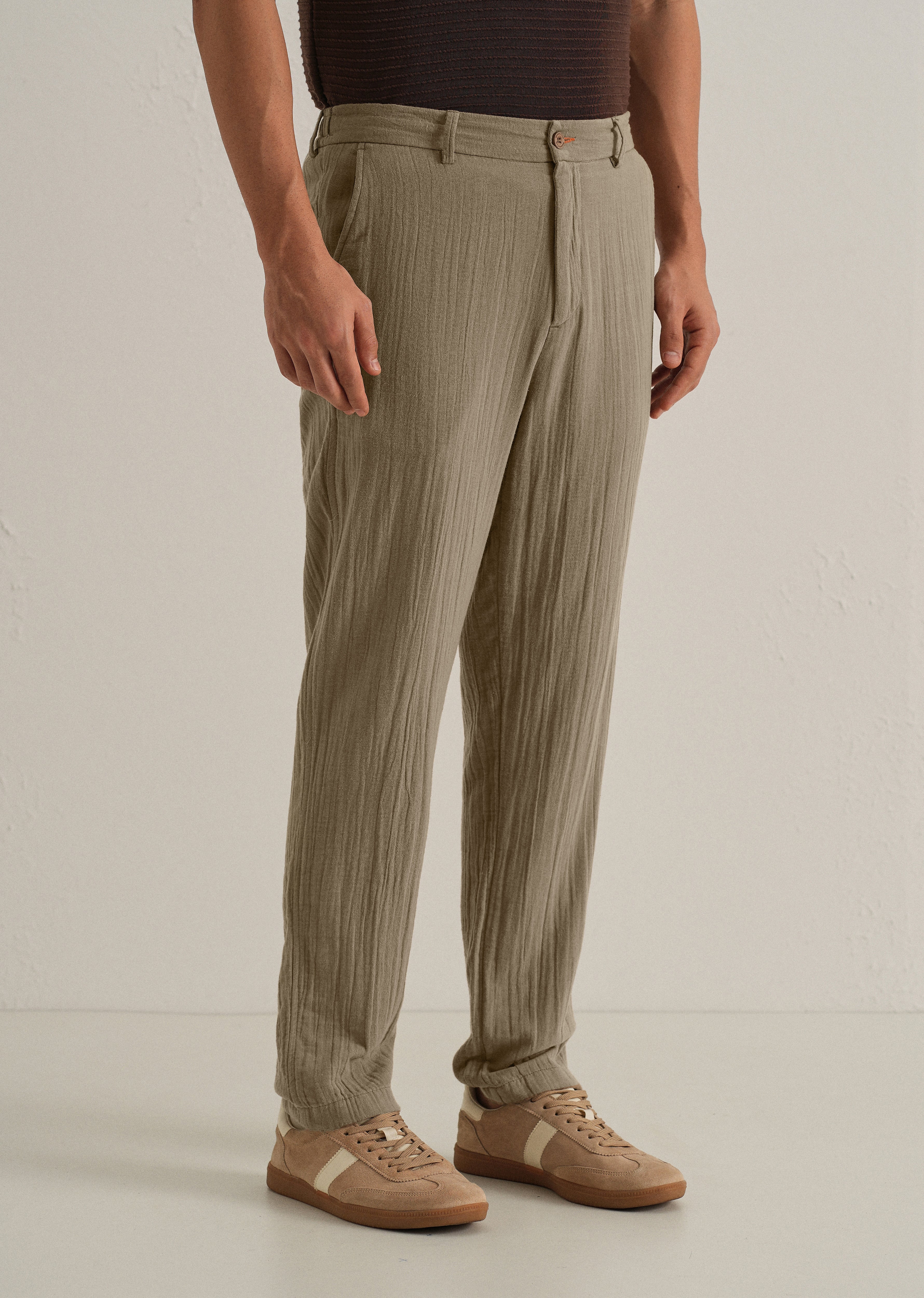 Khaki Crinkled Cotton Trouser