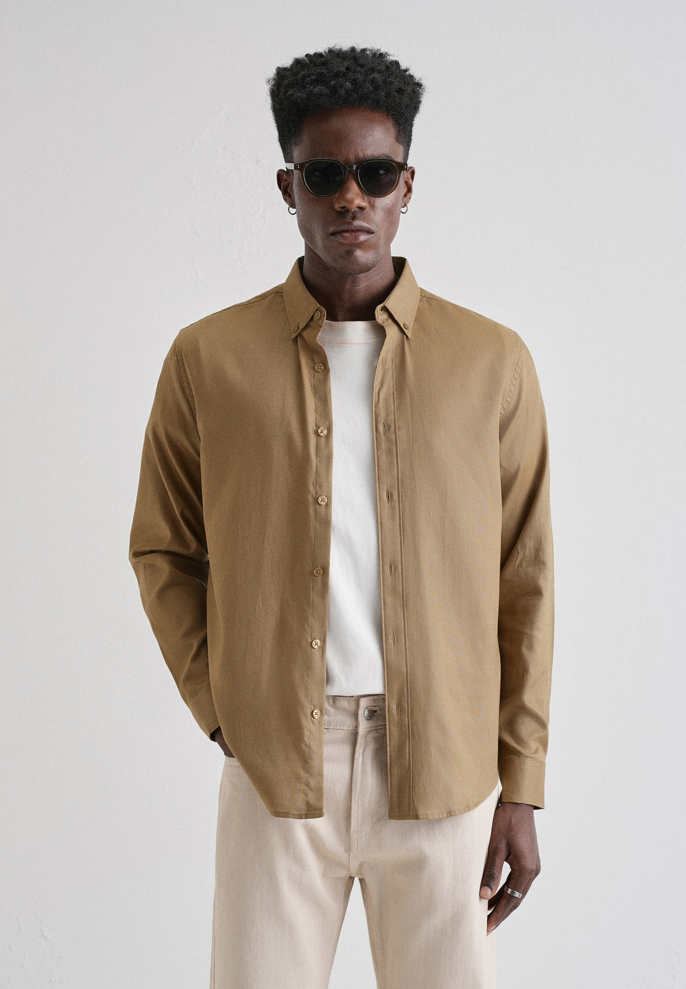 Khaki Plain Blended Cotton Regular Fit Shirt