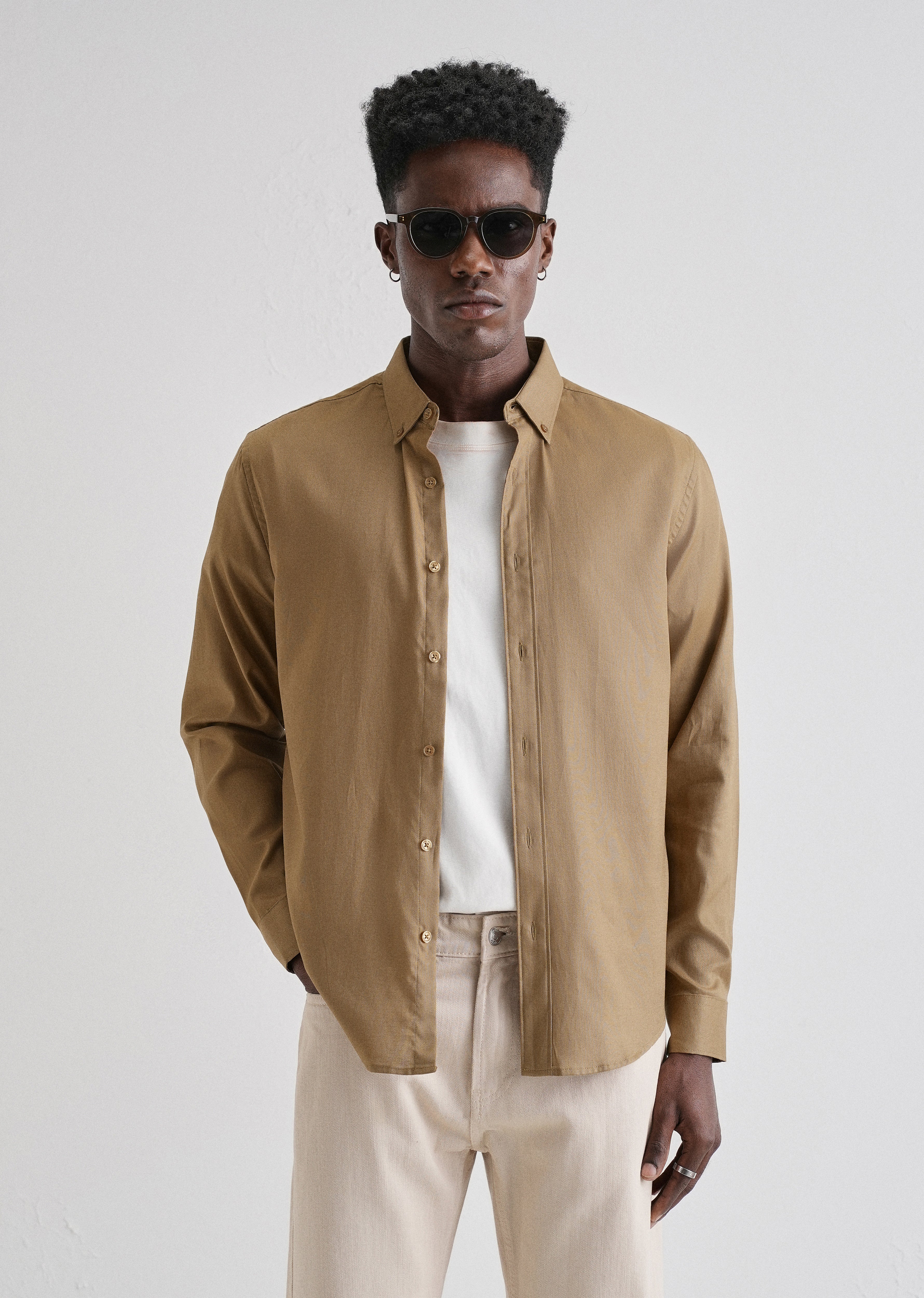 Khaki Plain Blended Cotton Regular Fit Shirt