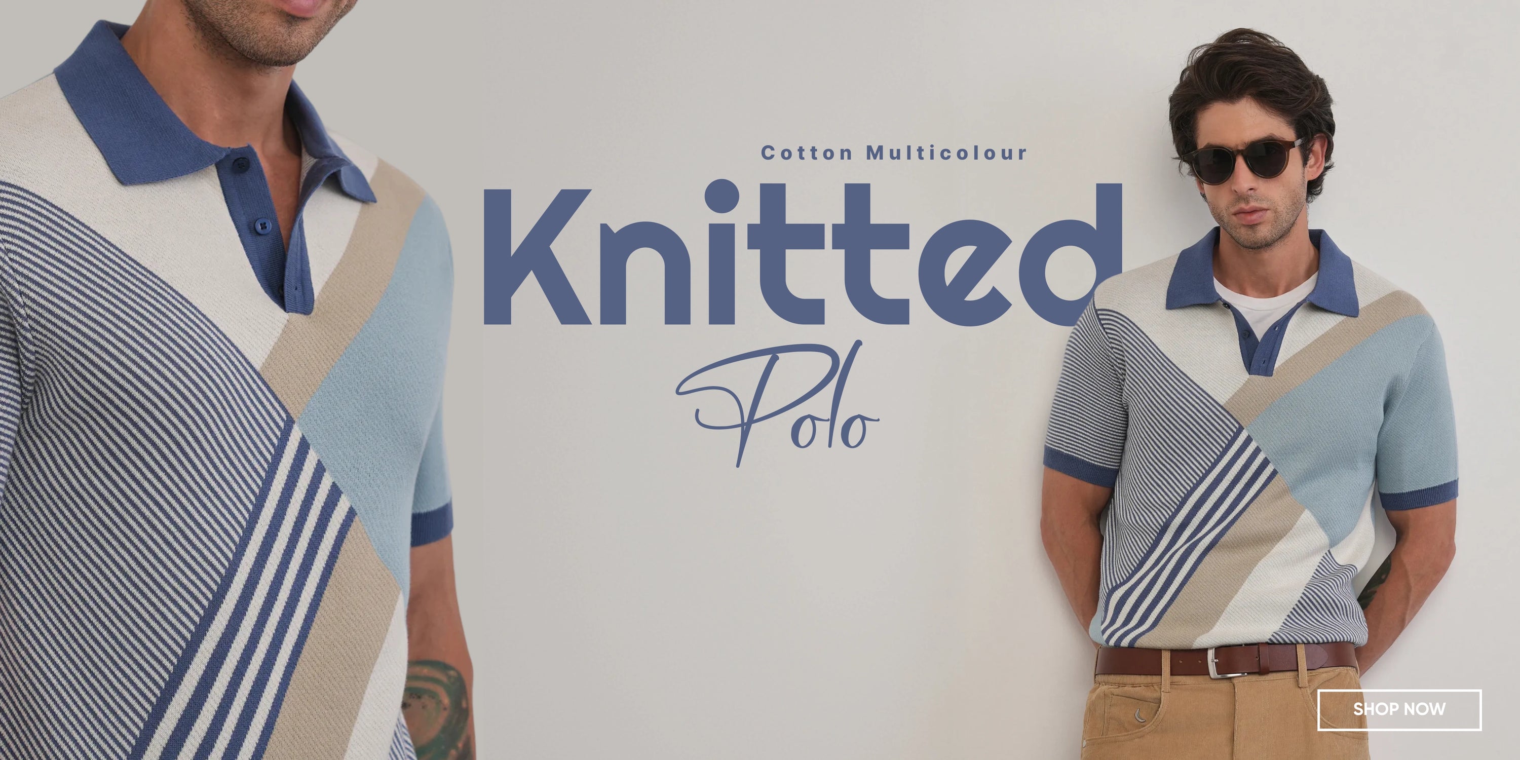 Man wearing a multicolored knitted polo shirt with text 'Cotton Multicolour Knitted Polo' on a white background.