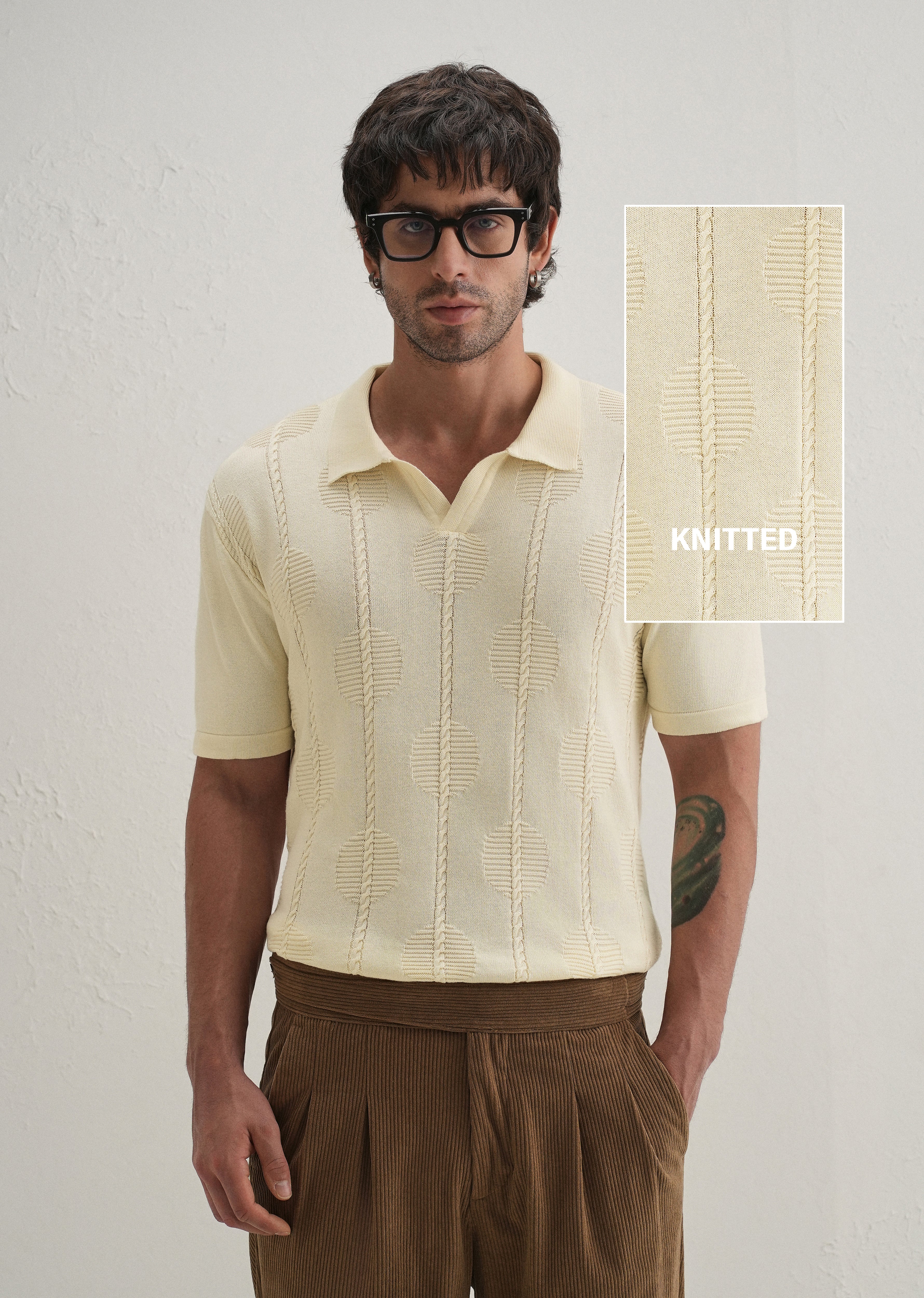 Knitted Cream Polo T-shirt