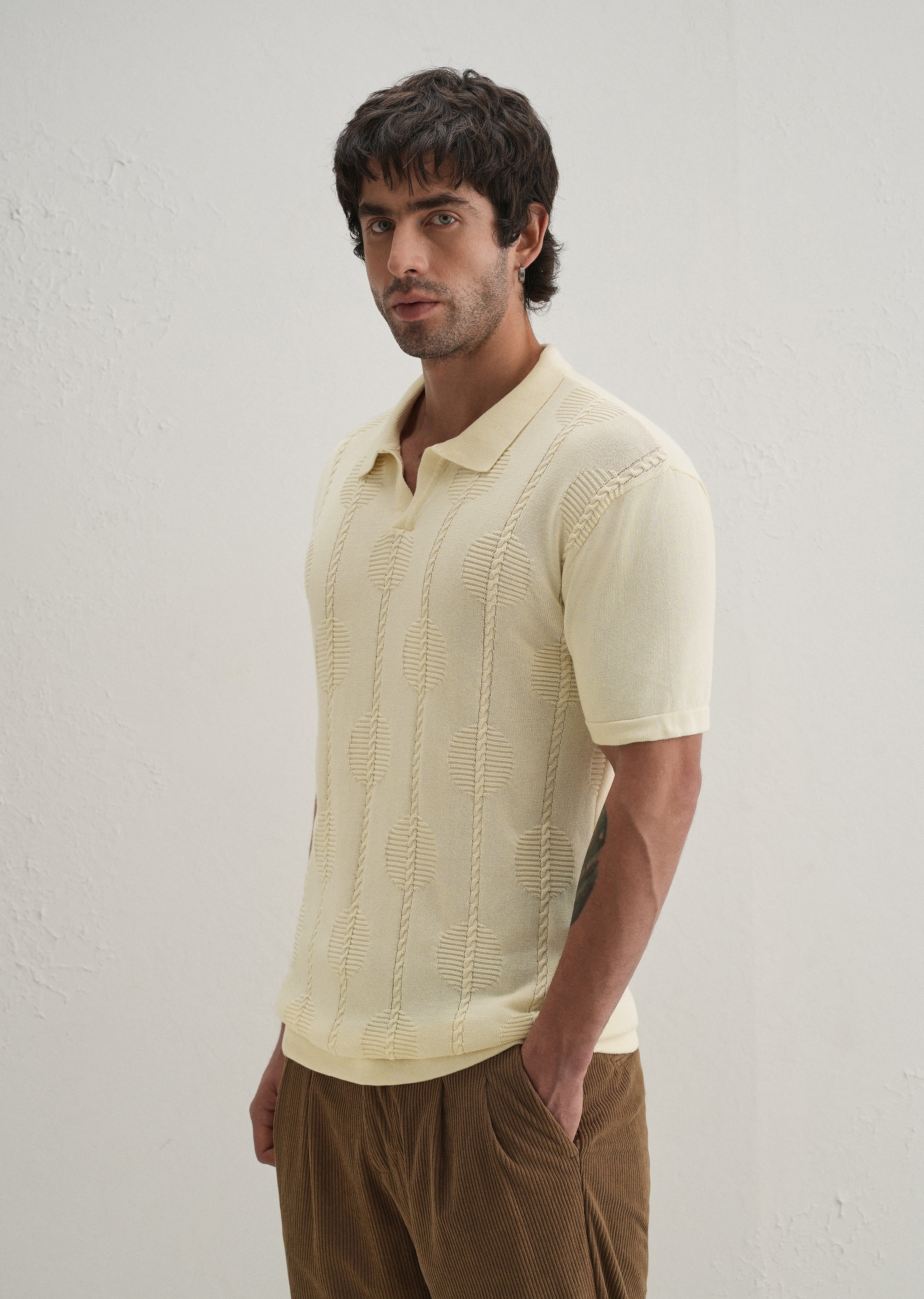 Knitted Cream Polo T-shirt