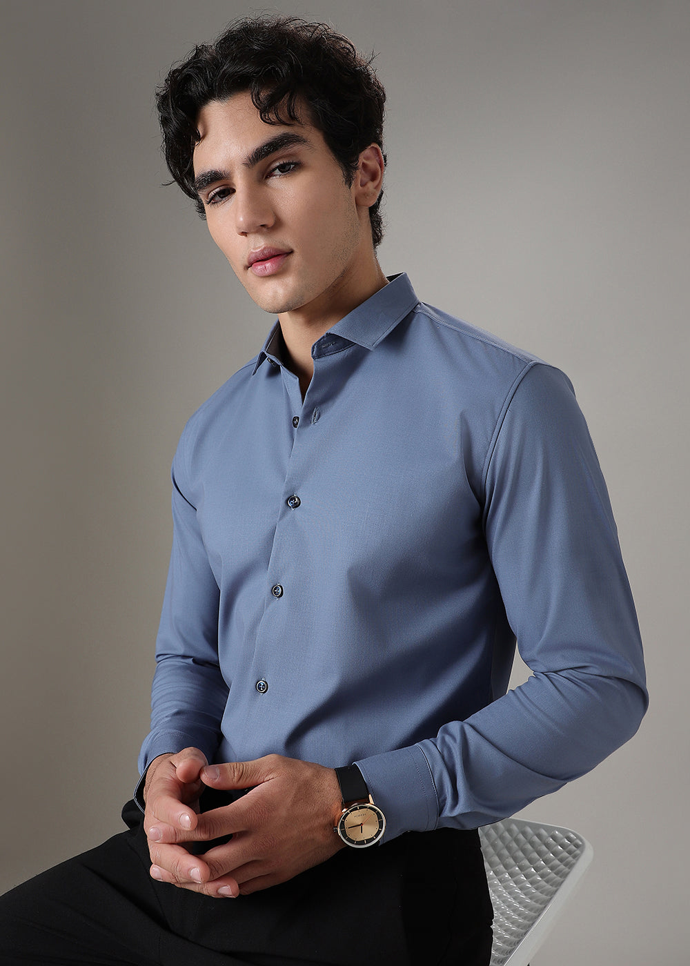 Koi Blue Plain Wrinkle Free Shirt