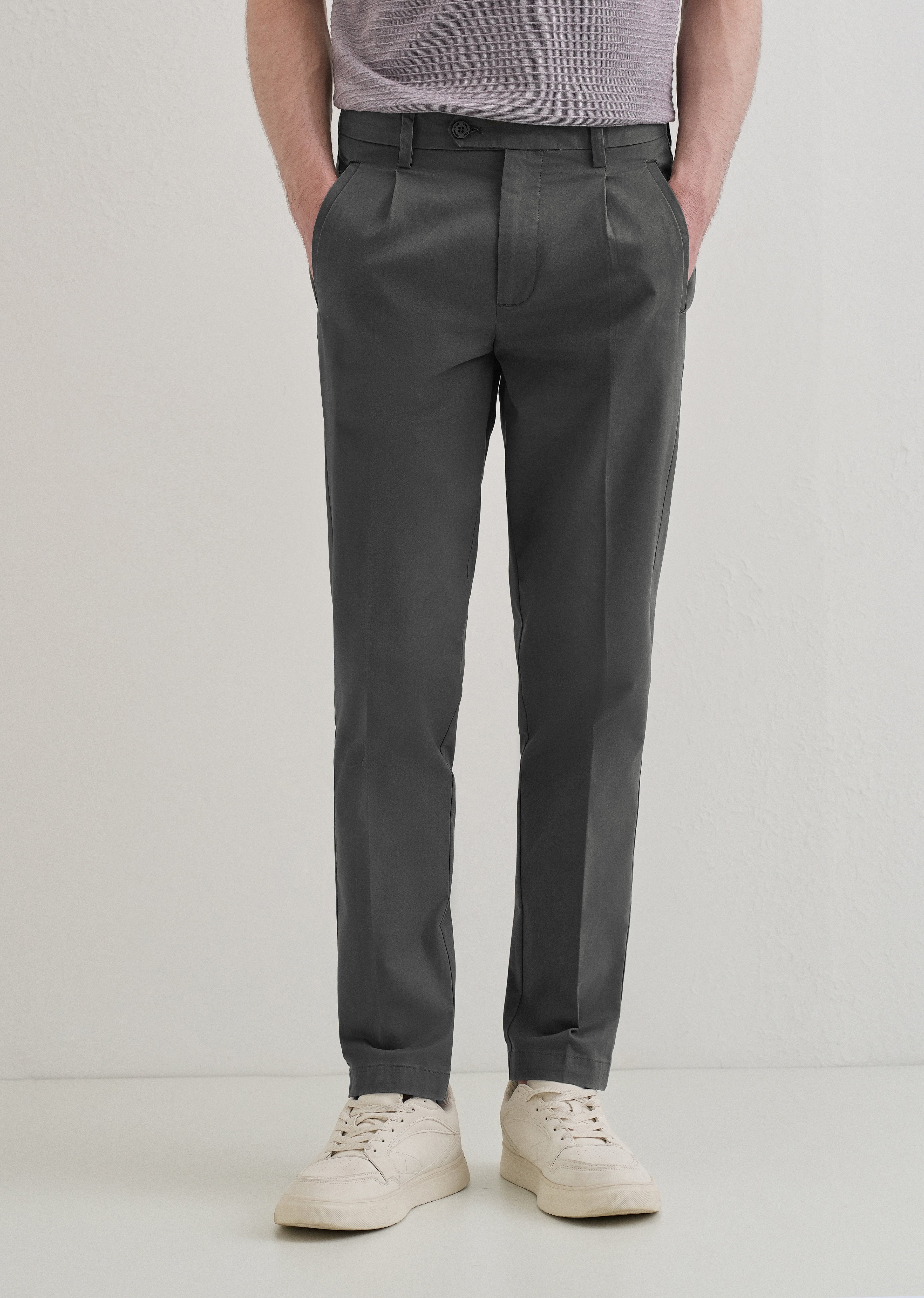 Lava Gray Plain Pleated Chinos