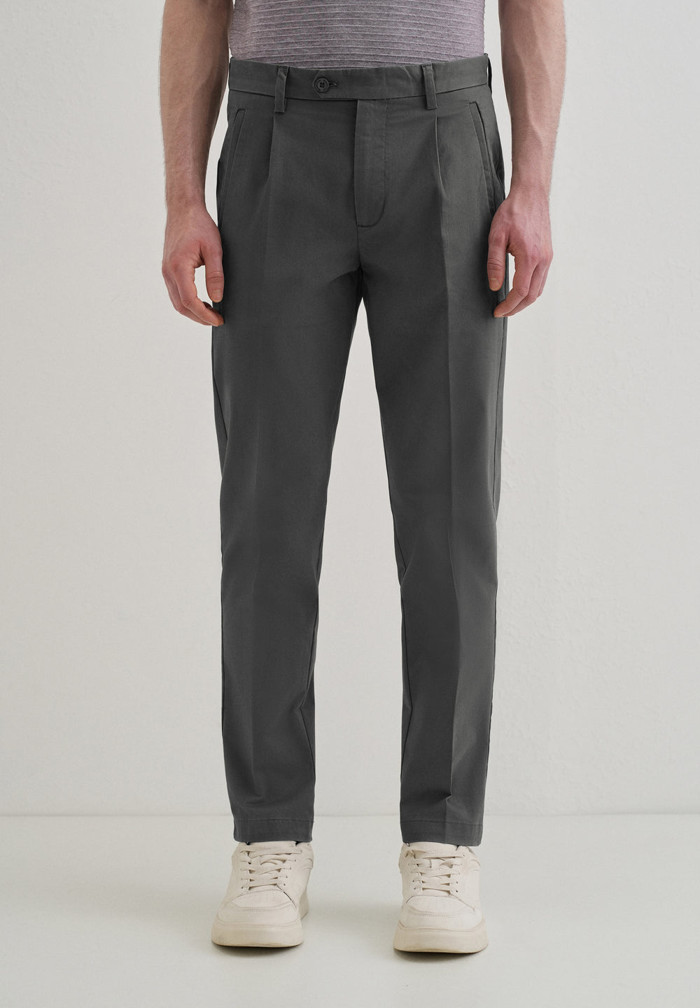 Lava Gray Plain Pleated Chinos