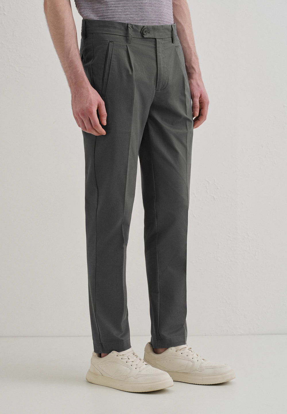 Lava Gray Plain Pleated Chinos