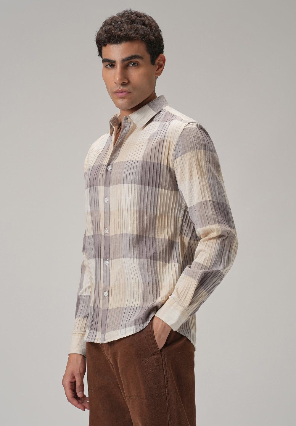 Self Pleat Lavender Beige Check Shirt